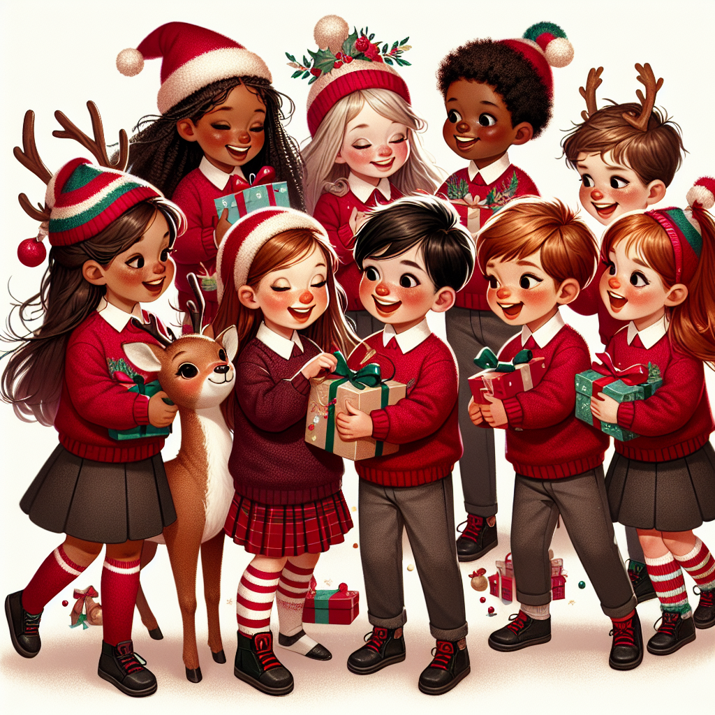 Illustrate a festive Christmas scene with school children of diverse descents including Caucasian, Hispanic, Black, Middle-Eastern, and South Asian. These children, both boys and girls, are dressed in vibrant red and maroon jumpers paired with grey trousers. Their faces are radiating happiness and excitement as they excitedly swap presents and their laughter fills the air. They are also interacting with a gentle reindeer, their heads playfully covered with whimsical Christmas hats, adding a magical touch to the entire picture.
Generated with these themes: School children in red and maroon jumpers with grey trousers, Laughing and happy, Wearing Christmas hats exchanging present , and Petting reindeer.
Made with ❤️ by AI.
