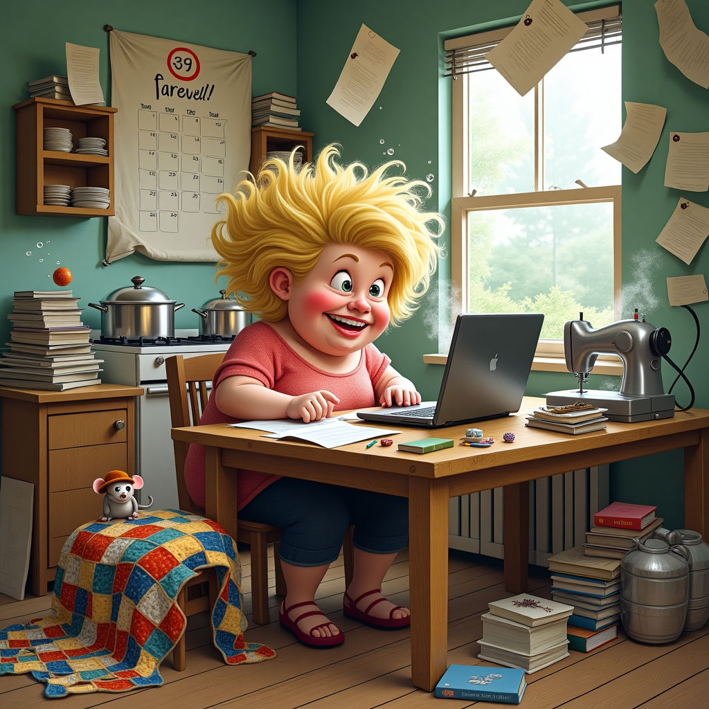 Blonde plump woman stressed and angry. Sat frantically typing at a computer in the kitchen. Papers flying everywhere. A date is marked on a calendar. Pans boiling over. Sewing machine. Farewell Card