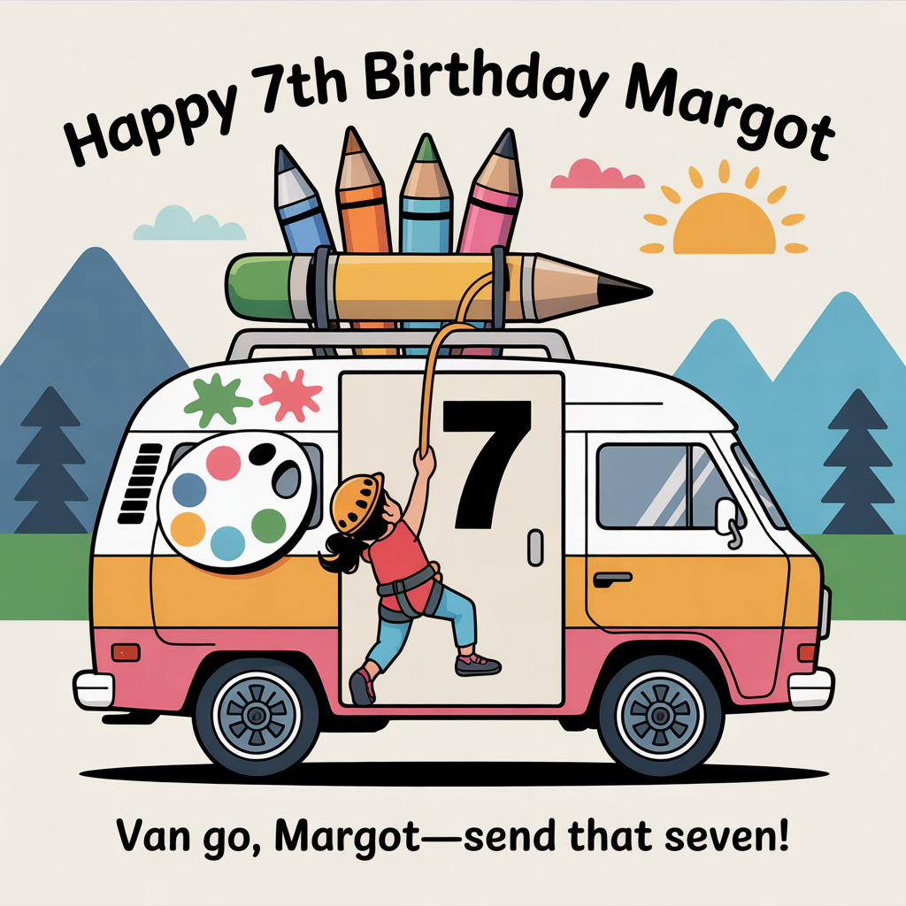 At the top of the Vector Style image, "Happy 7th Birthday Margot"

At the bottom of the image, "Van GO, Margot—send that seven!"

- In the center, show a cheerful retro campervan transformed into a rolling art studio: the side panel folds out into a mini climbing wall. The holds are paint splats and an artist’s palette, arranged to trace a big number 7 up the wall. A bright rope arcs neatly along the route.
- A joyful young climber in a colorful helmet and harness is mid-send, reaching to clip a giant paintbrush as the “top anchor.” Their chalk bag looks like a little paint pot, with crayon “quickdraws” clipped to the harness.
- On the camper roof, strap oversized flat-vector art supplies (big brush, fat pencil, sketchbook), like climbing gear on a rack. The van’s hubcaps resemble color wheels for a playful art nod.
- Surround with clean, minimal scenery: stylized mountains and triangle pines, a sunny sky with simple clouds, and a string of bunting. Add a couple of balloon shapes that subtly resemble carabiners for extra humor.
- Color palette: teal-and-white campervan with pops of coral, sunny yellow, sky blue, and violet. Solid color blocks, crisp outlines, minimal or no gradients; subtle long shadows only where needed.
- Typography: bold, friendly sans-serif; large headline at the top, compact punchline at the bottom; high contrast for readability.
- Overall vibe: playful, witty, clean flat-vector art where campervan + art + climbing fuse into one funny scene.
Generated with these themes: Campervan, art, climbing, and .
Made with ❤️ by AI.
