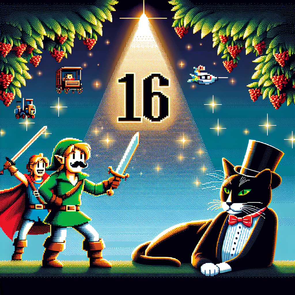 Rowan Tree, 16th Birthday, Mario and Link, and Tuxedo cat Birthday Card