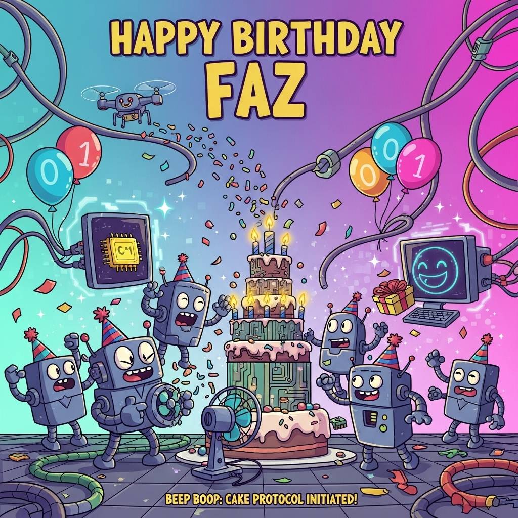 At the top of the Cartoon Style image, Happy Birthday Faz

Playful, bright cartoon scene with thick outlines, saturated candy colors, and exaggerated proportions. A lively AI birthday party inside a neon tech lab: chunky, wide‑eyed robots in party hats dance around a towering circuit-board cake stacked with glowing LED candles. One goofy bot uses a tiny desk fan to “blow” the candles, blasting sprinkles everywhere; a cheerful drone sprinkles confetti from above. Streamers made of glowing cables drape across the scene; balloons shaped like 0s and 1s float and bob. A smiling hologram face in a floating monitor offers a CPU-wrapped gift. Energetic motion lines, glossy highlights, chip-shaped confetti, and whimsical poses throughout. Soft electric-teal to hot-pink gradient background with pixel sparkles. Big, bouncy title text at the top, clearly legible.

Add one small, cheeky caption at the bottom: Beep boop: Cake Protocol Initiated!
Generated with these themes: AI, and .
Made with ❤️ by AI.