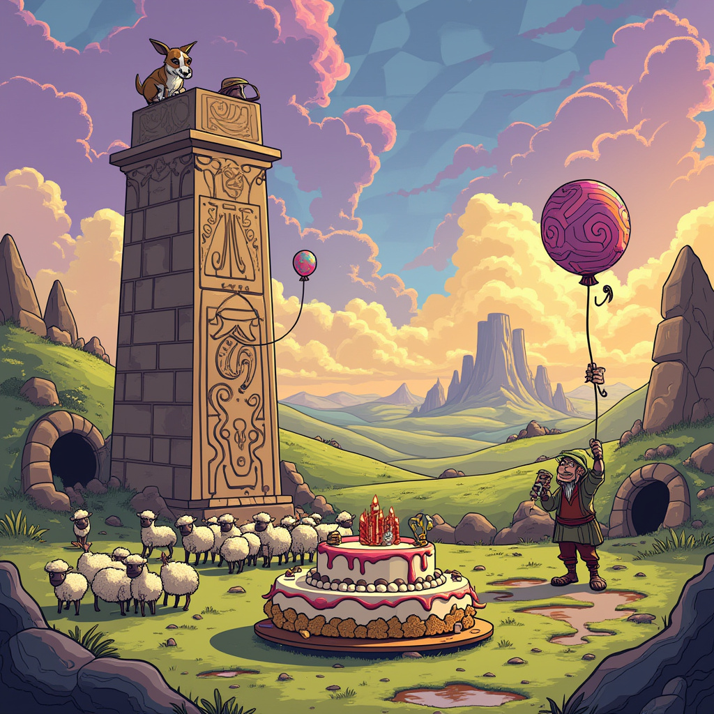 In the whimsical scene, imagine a vibrant cartoon landscape where time and imagination collide. At the forefront, a colossal stone pillar from Göbekli Tepe stands proudly, engraved with intricate carvings of ancient civilizations. Perched atop the pillar, a sheepdog, reminiscent of the loyal creatures in "Babe" but with an air of sagacity, wears a rangers hat, playfully dangling off one ear, reminiscent of the Rangers in the wild west but with a Middle-earth twist. The dog is directing a flock of sheep that are inexplicably engaged in weightlifting exercises, using tiny barbells fashioned from twigs and small stones, showcasing their surprising strength. 

On one side of the scene, a hobbit, perhaps inspired by Samwise Gamgee, stands in awe, holding a whimsical birthday cake that appears to have been baked in the fires of Mount Doom; it’s covered in vibrant, swirling icing that resembles molten lava. In the background, the horizon stretches out with lush rolling hills that evoke the Shire, peppered with towering, playful elements of Middle-earth architecture, such as a slightly off-kilter tower of Orthanc and a quaint, round hobbit door embedded in a hill. To add a touch of surrealism, the sky is a checkerboard of vibrant purples and blues, reminiscent of the dreamscapes of Winsor McCay’s "Little Nemo." 

In the corner, a mischievous Gollum, with a rare moment of happiness, lifts a tiny, precious dumbbell in one hand while admiring his reflection in a puddle, giving a nod to the scene’s theme of strength. This peculiar gathering is dotted with floating balloons, each shaped like iconic symbols from "Lord of the Rings"—a tiny Gandalf hat, a mini One Ring, and a pint-sized Bag End—all contributing to the festive birthday theme. The scene is buzzing with animated charm, inviting viewers into its eccentric celebration of the fantastical and the real.
Generated with these themes: Göbekli tepe, Ranger , Sheep dog, Lord of the rings, and Weightlifting.
Made with ❤️ by AI.