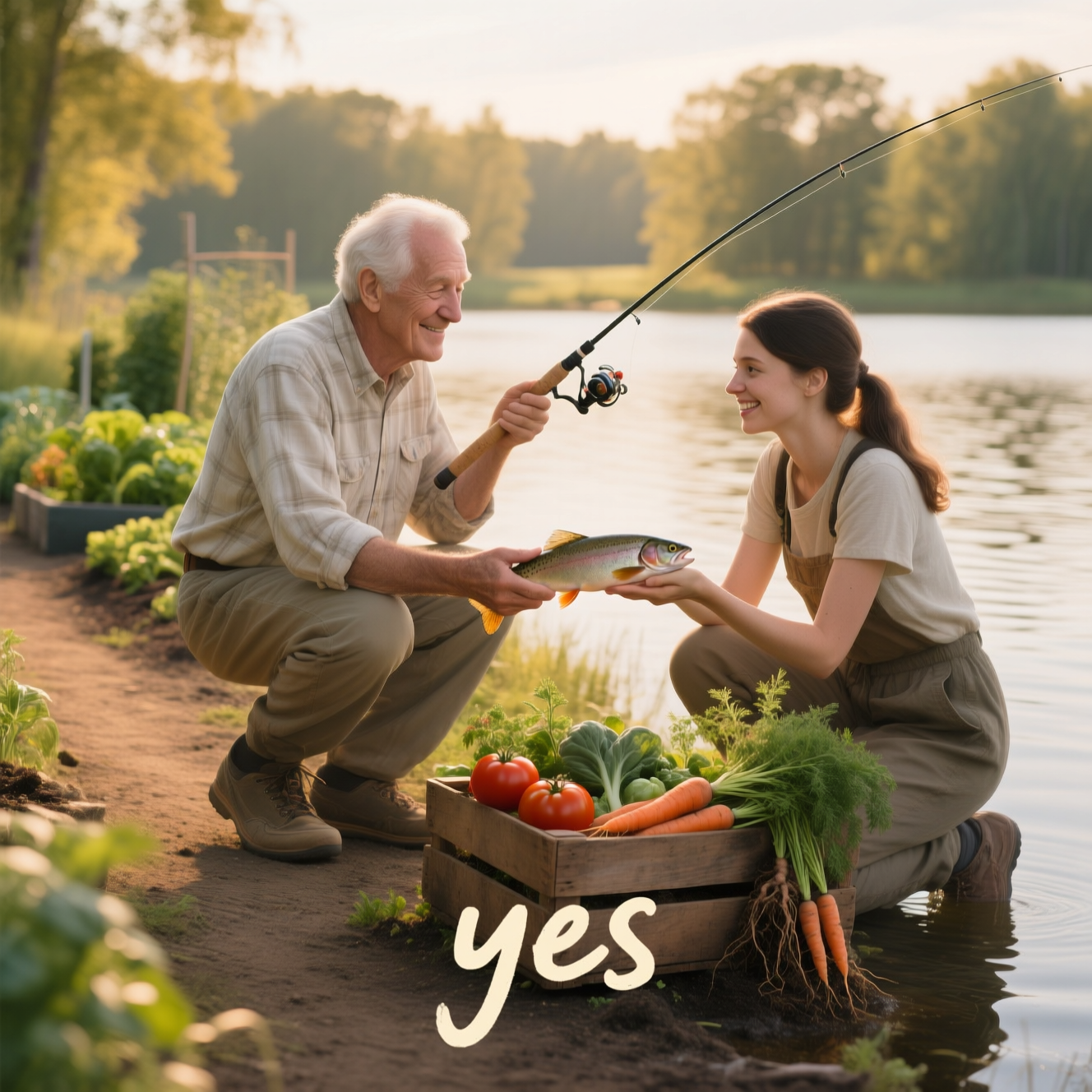At the bottom of the Photorealistic picture taken from a camera image, place the text: **"yes"** in a warm, handwritten script, softly blending into the scene.  

A serene ultra-high-definition 4K UHD photograph capturing a heartfelt moment that blends physical exercise, fishing, and gardening into one tranquil setting: In the golden light of late afternoon, an elderly man and a young woman share a quiet lakeside moment. The man, wearing a light flannel shirt and comfortable walking shoes, has just set down his fishing rod to hand a freshly caught trout to the young woman, who is kneeling beside a rustic wooden crate brimming with homegrown vegetables—vibrant tomatoes, carrots with earthy roots still attached, and fragrant herbs. Behind them, a well-tended vegetable patch glows under the sun, while a dirt path suggests they arrived here after a long, leisurely walk. Their smiles are genuine, the air is still except for ripples on the water, and the soft focus background reveals distant trees swaying gently. Warm, natural lighting and rich textures in skin, clothing, and nature bring the sincerity of gratitude to life.
Generated with these themes: Physical exercise, fishing, gardening, and .
Made with ❤️ by AI.