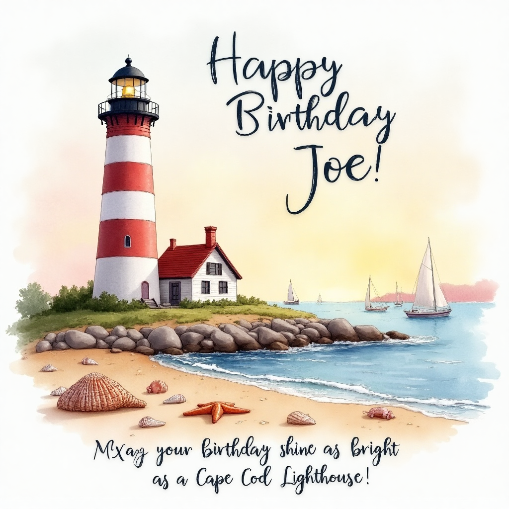 At the top of the Watercolor Style image, paint the words "Happy Birthday Joe!" in a whimsical, vintage script that echoes the charm of Cape Cod's seaside cottages.

Imagine a quaint Cape Cod scene under a soft, pastel sky. The central focus is a charming vintage lighthouse, its faded red and white stripes gently bleeding into the surrounding watercolor wash. Below it, the sea laps softly against a rocky shoreline, dotted with tiny boats, their sails catching the gentle breeze.

Surrounding this scene, delicate seashells and starfish are artfully scattered across the sand, each one painted in soft, subtle hues. A gentle watercolor gradient in the background evokes a serene sunset, casting warm colors across the scene. 

At the bottom, a small line of text reads: "May your birthday shine as bright as a Cape Cod lighthouse!"
Generated with these themes: Vintage cape cod , and .
Made with ❤️ by AI.
