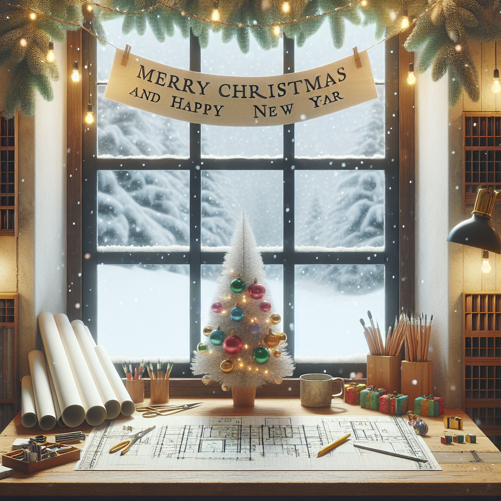 A snowy scene depicts a cozy architecture office with blueprint rolls and drafting tools scattered on a wooden desk. The desk features a miniature Christmas tree adorned with colorful ornaments. Outside the window, snowflakes gently fall. Above the office door, a banner reads 'Merry Christmas and Happy New Year,' surrounded by twinkling fairy lights.
Generated with these themes: Architecture Office.
Made with ❤️ by AI.