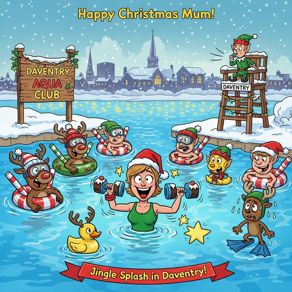 At the top of the Cartoon Style image, "Happy Christmas Mum!"

A big, funny, festive cartoon scene in bright saturated colors with thick black outlines and bouncy, exaggerated characters. Setting: a snowy Daventry Country Park reservoir transformed into a Christmas-themed aqua aerobics class. Center stage, Mum leads the session chest-deep in luminous aqua-blue water, grinning, wearing a Santa hat, green-and-red swimsuit, and holding foam water dumbbells shaped like Christmas puddings. She strikes an energetic pose with star-shaped splash effects and playful motion lines.

Around her, a cast of cheeky participants: reindeer in goggles and bobble hats using candy-cane pool noodles; a couple of elves in floaty wreath life rings; a rubber duck with antlers; one reindeer nervously tiptoeing in flippers that look like hoof slippers. An elf lifeguard on a tall, snow-dusted chair (clearly labeled “Daventry”) blows a whistle, fairy lights draped over the rail. On the shore, a festive wooden sign reads “Daventry Aqua Club,” decorated with holly and twinkling lights. In the background, a cozy Daventry skyline silhouette with a church spire and brick rooftops, gently falling snow, and warm golden window glows.

Color palette: icy aquas and sky blues for the water and snow; bold reds, greens, and candy-cane stripes for costumes and props; warm yellow fairy lights reflected on the ripples. Style cues: playful cartoon characters with big heads and expressive hands, thick outlines, crisp cel-shading, and whimsical, energetic poses.

At the bottom of the image, a small curved ribbon banner: "Jingle Splash in Daventry!"
Generated with these themes: Daventry, Aqua aerobics , and .
Made with ❤️ by AI.