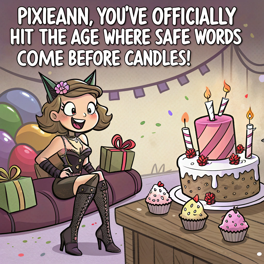 At the top of the image, "Pixieann, you've officially hit the age where safe words come before candles!"

- Illustrate a cheeky cartoon-style dungeon-themed birthday party scene. Pixieann (depicted as a playful character in leather and lace partywear) is perched on a spanking bench that's been whimsically turned into a gift table, topped with cupcakes and balloons.  
- Behind her, smiling cartoon friends wear birthday hats and wield fuzzy handcuffs instead of party horns.
- A blindfolded birthday cake sits on a stand with whipped cream and tiny leather belts instead of frosting details.
- Soft chains dangle from the ceiling, and one corner features a disco ball shaped like a pair of furry cuffs.
- The overall color scheme is pink, black, and glittery silver, adding glam to the kink with lots of laughter in the air.
Generated with these themes: Naughty kinky bdsm.
Made with ❤️ by AI.