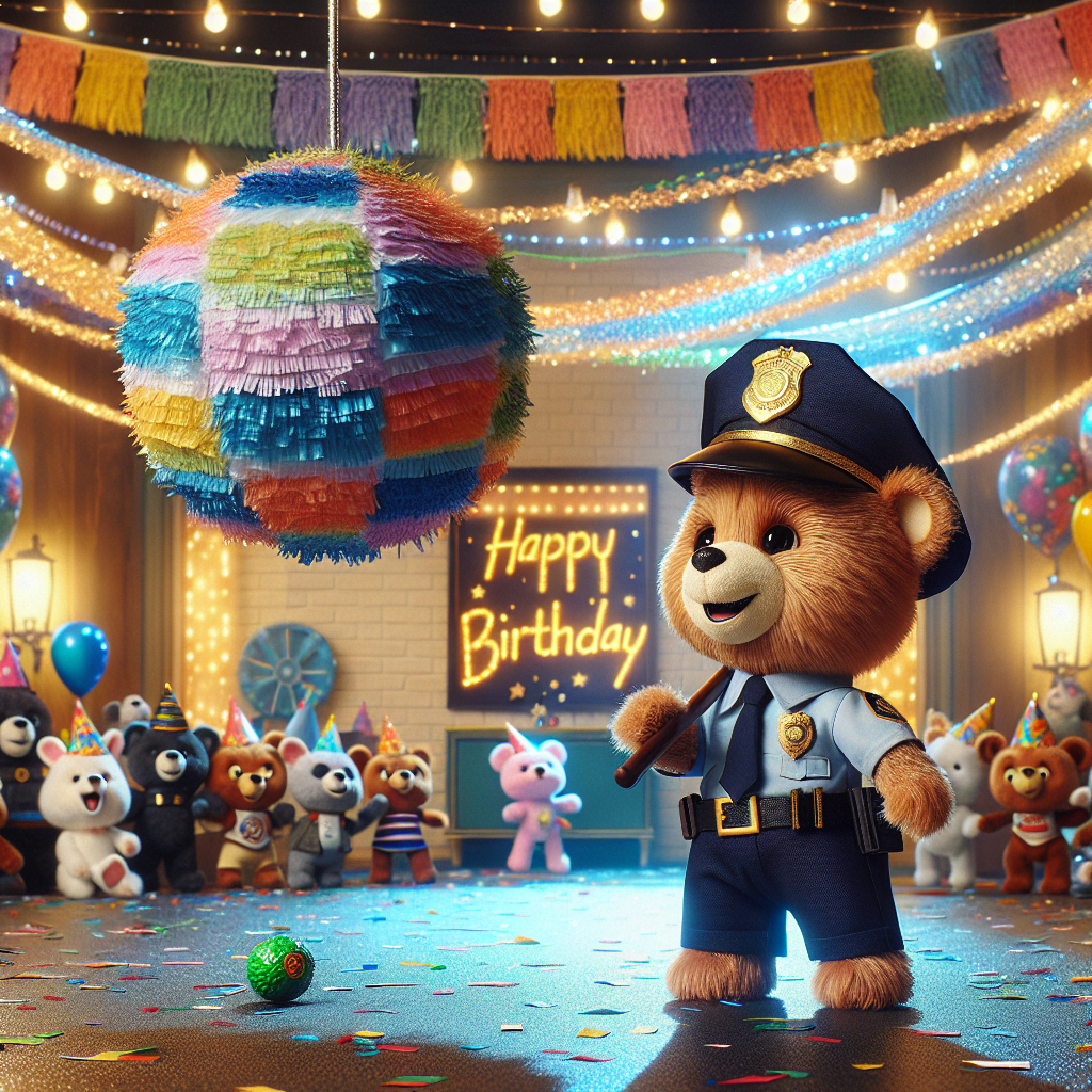 Generate a detailed image showcasing a charming environment where a plush teddy bear, garbed in a tiny police outfit, is enthusiastically attempting to hit a piñata designed to resemble a golf ball. The backdrop of the scene sparkles with decorative streamers and a banner emblazoned with the message 'Happy Birthday'. The periphery bustles with a joyous gathering of sundry cartoon animals, each of them donning festive party hats.
Generated with these themes: Police, and Golf.
Made with ❤️ by AI.