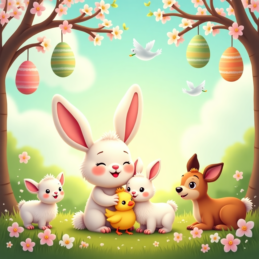 **Prompt:**  
A whimsical cartoon scene set in a sunny spring meadow with soft pastel flowers blooming all around. In the center, a fluffy white bunny with oversized ears and rosy cheeks gently hugs a tiny yellow chick. Surrounding them are a joyful lamb, a smiling duckling, and a shy baby deer, all gathered in a peaceful circle. Above them, decorated Easter eggs hang like ornaments from blossoming tree branches, swaying in a soft breeze. In the sky, doves fly peacefully with sprigs of olive in their beaks, forming a heart shape in the clouds. The whole scene glows with a soft, warm light that radiates joy, innocence, and harmony.
Generated with these themes: Easter Peace for all.
Made with ❤️ by AI.