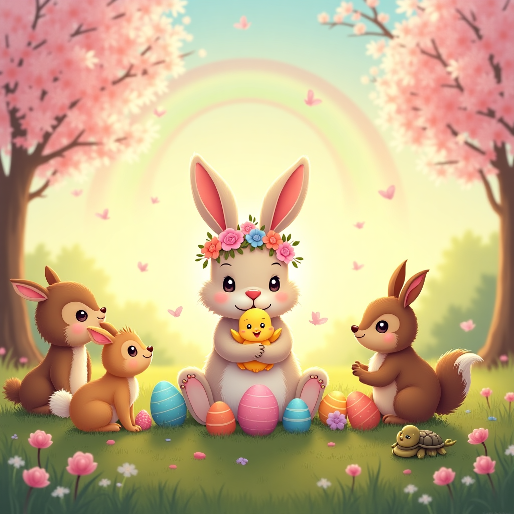 **Prompt:**  

A heartwarming, cute cartoon-style scene of a peaceful spring meadow at sunrise. In the center, a fluffy pastel-colored bunny wearing a flower crown gently cradles a baby chick in its arms, surrounded by animals of all kinds—lambs, doves, squirrels, and even a tiny turtle—all sitting together in a peaceful circle, sharing colorful painted Easter eggs. Soft cherry blossom petals float through the air, and a gentle rainbow arches overhead. The expressions of all the animals radiate joy, kindness, and togetherness, capturing the spirit of Easter peace and harmony among all creatures. Use soft, springtime colors—pinks, lilacs, baby blues, and buttery yellows—with delicate highlights and round, expressive cartoon features to amplify the cuteness.
Generated with these themes: Easter Peace for all.
Made with ❤️ by AI.