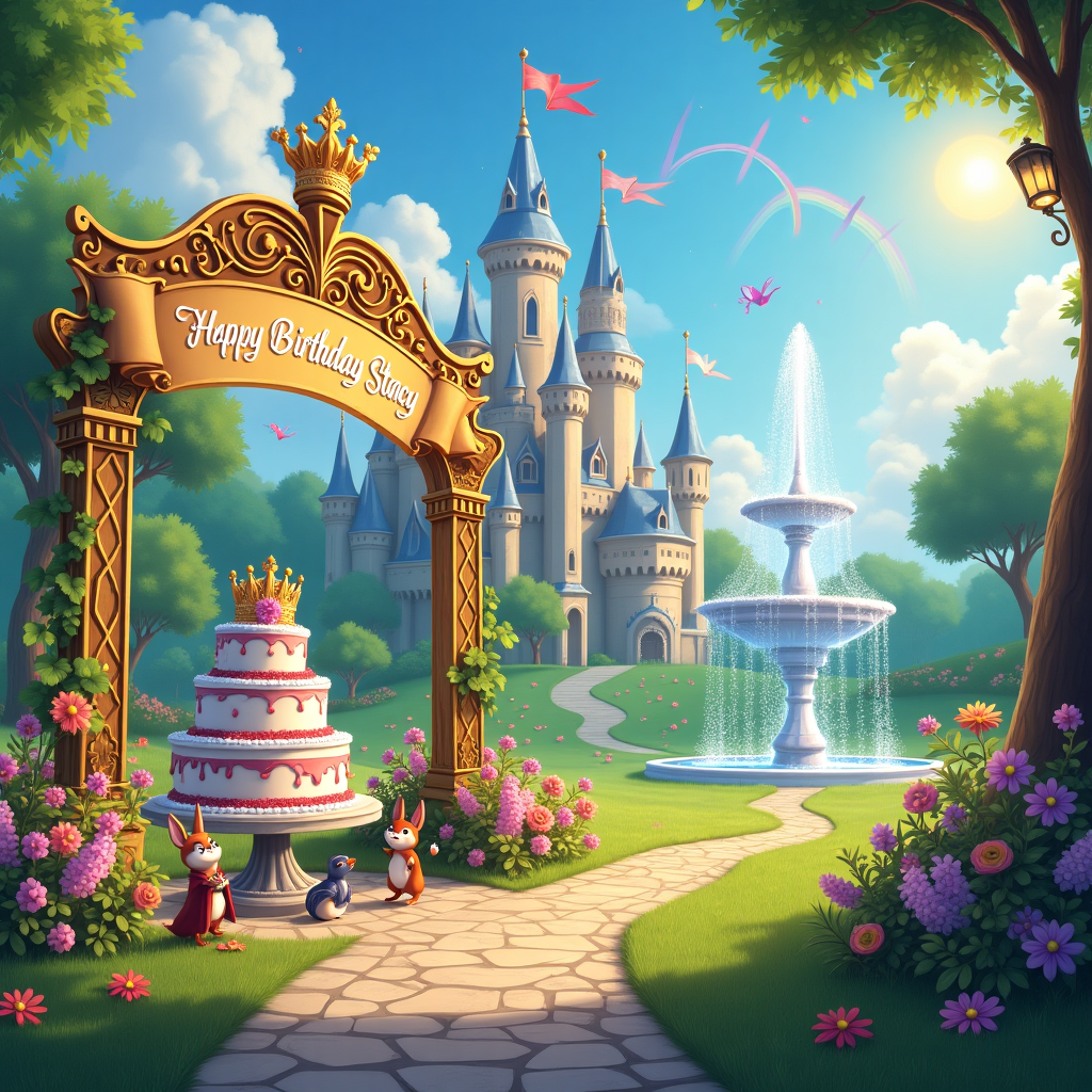 Imagine a vibrant, whimsical scene unfolding in a lush, verdant meadow, where a fantastical castle rises majestically in the distance, its turrets spiraling upward and adorned with flags that flutter gently in the breeze. Each tower of the castle glistens in the sunlight, encrusted with shimmering jewels that sparkle like stars in daylight. In the foreground, a wide stone pathway leads from the viewer’s perspective towards the castle, flanked by colorful, fragrant flowers—roses, lilacs, and marigolds—that nod in the gentle breeze. On one side of the path, a golden, intricately carved archway frames the entrance, with delicate vines weaving through its ornate latticework.

Above the archway, a royal banner waves, adorned with a glittering crown motif. This banner bears the elegantly scripted message, "Happy Birthday Stacy," rendered in a graceful, regal handwritten font that seems to twinkle like magic. The text appears as if woven from threads of silver and gold, shimmering against the rich royal blue of the banner fabric.

On the left side of the scene, a group of joyful woodland creatures—a rabbit with a small tiara perched on its head, a fox donning a miniature cape, and a cluster of songbirds chirping merrily—gather around a massive, multi-layered cake. This cake is a confectionary marvel, topped with a delicate sugar tiara that glistens with edible glitter, and it bears the inscription "EHud" beautifully inscribed in icing, which curls elegantly around the layers like a delicate vine.

In the sky above, fluffy, white clouds part to reveal a radiant sun whose rays illuminate the scene below. In this expanse, a formation of clouds subtly shapes the name "EHud" in whimsical, curling letters that seem to drift and dance in the gentle breeze, inviting the viewer to share in the celebration. On the right, an enchanted fountain bubbles with iridescent water, sending tiny rainbows arching across the scene, each droplet catching the light like a miniature jewel. This scene captures a moment of magical celebration, an invitation to step into a fairytale where the beauty and wonder of a princess’s birthday come vividly to life.
Generated with these themes: Create a magical princess-themed birthday card featuring a whimsical castle, glittering crowns, and enchanting elements. Ensure the text “Happy Birthday Stacy” is prominently and seamlessly integrated into the design. Blend the text naturally into elements like a flowing royal banner, a sparkling tiara, or the castle architecture itself. Use an elegant, regal handwritten font, ensuring the text feels cohesive with the overall majestic, dreamy atmosphere tailored for a princess celebration..
Made with ❤️ by AI.