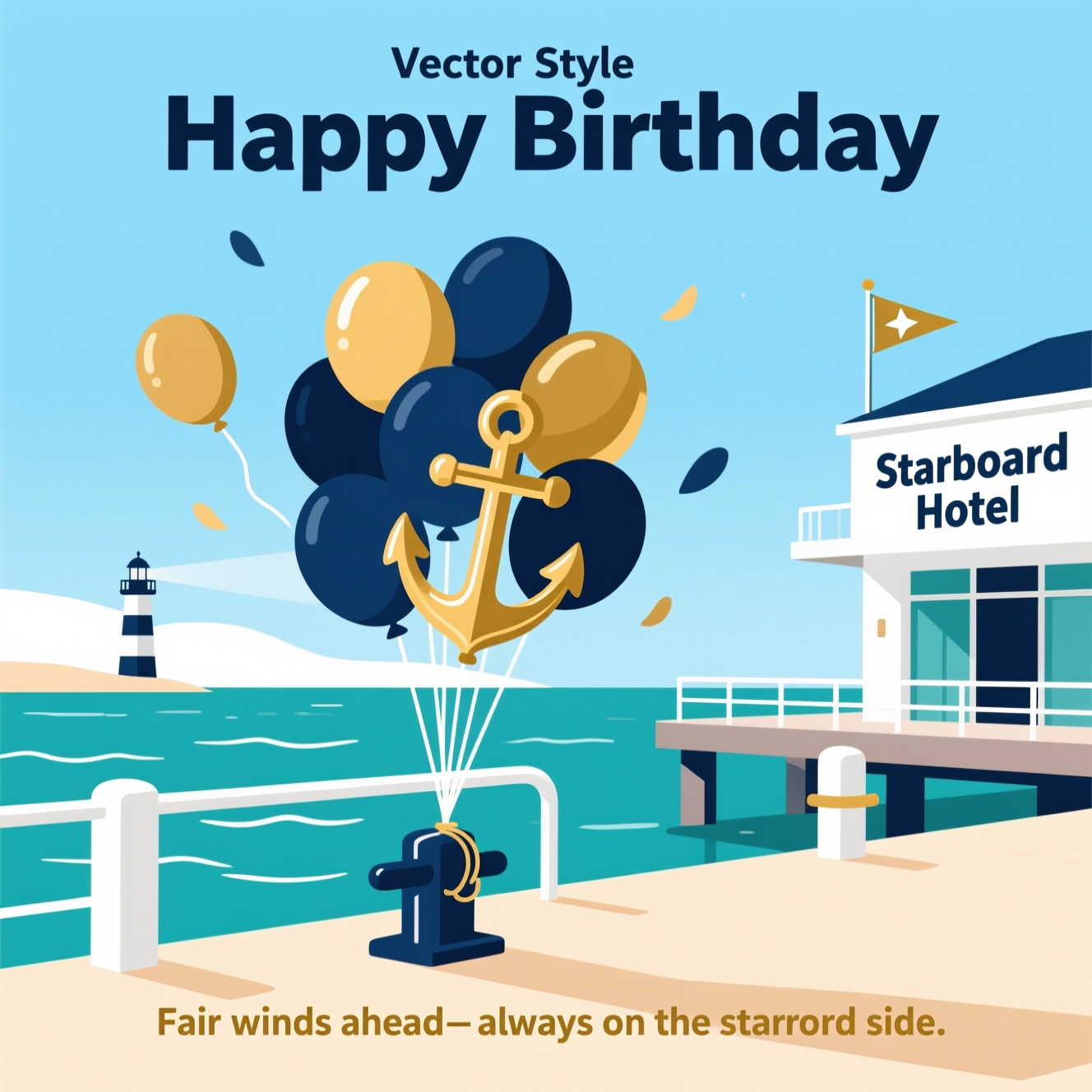 At the top of the Vector Style image, "Happy Birthday"

At the bottom of the image, "Fair winds ahead—always on the starboard side."

- Scene: Clean flat-vector seaside setting with a contemporary hotel on a pier labeled subtly as “Starboard Hotel” (modern sans-serif signage), positioned on the right side of the composition to nod to starboard.
- Centerpiece: A bouquet/arch of ship anchor-shaped balloons in deep navy and flat metallic gold, tied to a polished dock cleat and a balcony rail; a few balloons drift upward to gently frame the headline.
- Background: Calm teal sea with simple horizontal wave lines; clear sky in solid light blue; distant minimalist lighthouse silhouette. Add a small pennant flag on the hotel roof pointing to the right.
- Style: Crisp lines, solid color blocks, minimal or no gradients, generous negative space, modern graphic precision.
- Palette: Navy, sea teal, sky blue, warm sand, white, and flat gold accents.
- Typography: “Happy Birthday” in a friendly, bold sans-serif with generous tracking in navy; bottom line smaller, in a warm gold, centered, sincere and elegant.
Generated with these themes: Ship anchor shaped balloons , Starboard hotels, and .
Made with ❤️ by AI.