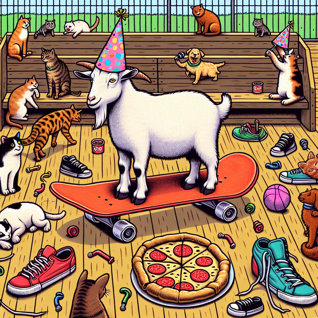 Illustrate a funny birthday celebration taken over by animals at a skate park. Centered on a large, vibrant orange skateboard is a goat wearing an amusingly tiny birthday hat, who seems to be the centerpiece of the celebration. All around, there are misplaced sneakers that act as playgrounds for high-spirited cats and dogs engaged in boisterous games. In a corner, there are portions of pepperoni pizza that seem to be alive, enthusiastically dished out to the attendees by a lively pizza character, contributing to the overall quirky mood.
Generated with these themes: Skateboard, Goats, Orange, Trainers, Cats, Dogs , and Pizza.
Made with ❤️ by AI.