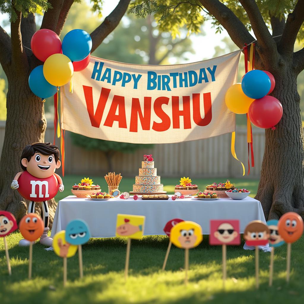 The scene is set in a bustling, sunlit backyard where a birthday party is in full swing. At the center stands a large, colorful banner with the words 'Happy Birthday Vanshu' in bold, whimsical letters, hung between two towering oak trees. Below the banner is a long wooden table covered in a white cloth, and atop it lies an assortment of treats: a two-tiered cake with realistic edible images of Vanshu's favorite humorous memes, plates of frosted cupcakes with miniature fondant Vanshu faces displaying different funny expressions, and a bowl of custom M&Ms, each printed with a tiny caricature of Vanshu in comical scenarios. Balloons imprinted with cartoons resembling Vanshu's mischievous antics are tied to the back of each chair, bobbing in the light breeze. A cardboard cutout of Vanshu, oversized and exaggerating his smile, stands near the table, holding a speech bubble that reads 'Age is just a number, which is hilarious coming from me!' The lawn is speckled with handcrafted yard signs shaped like Vanshu's favorite jokes and puns, serving as a playful pathway to the party.
Generated with these themes: Vanshu.
Made with ❤️ by AI.