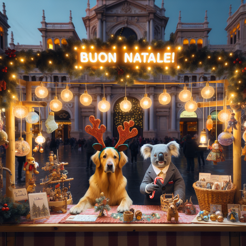 A twilight Christmas market scene in Valencia, where a golden retriever with reindeer antlers and a koala holding a candy cane are sitting at a booth selling handmade ornaments. The iconic Valencia architecture is adorned with holiday lights, and the phrase 'Buon Natale!' hangs above the booth, glowing warmly.
Generated with these themes: Golden retriever , Koala, and Valencia.
Made with ❤️ by AI.
