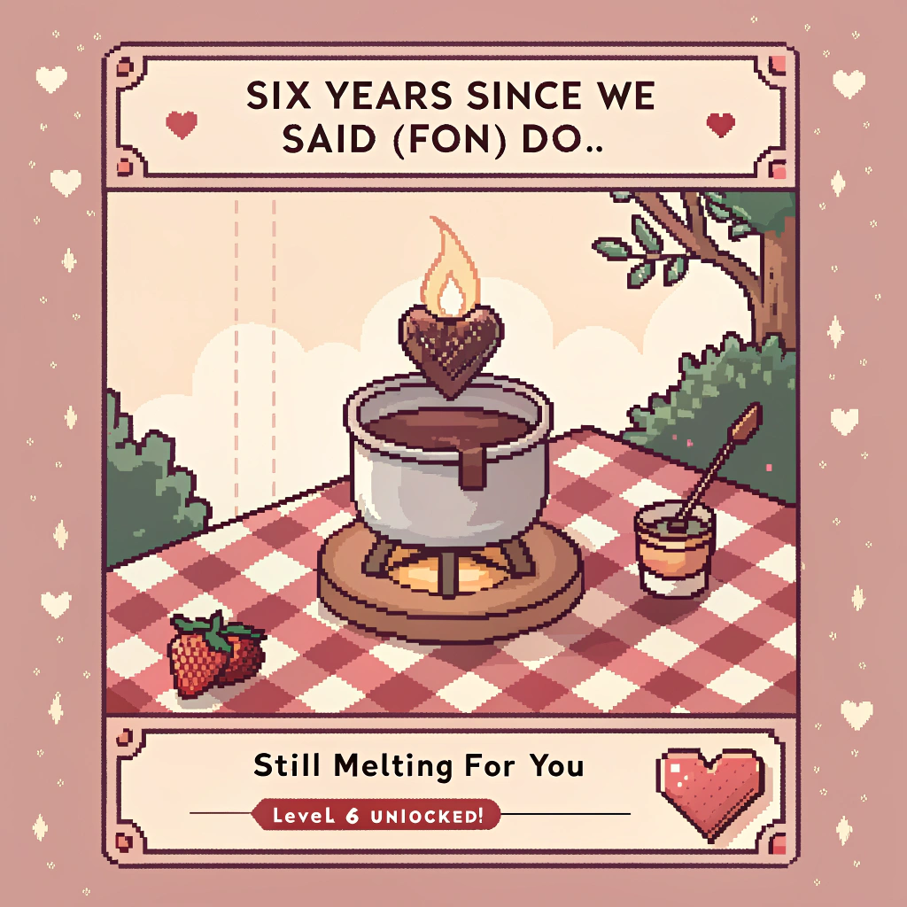 At the top of the Pixel Art Style image, "Six years since we said 'I (fon) do.'"

At the bottom of the image, "Still melting for you — level 6 unlocked!"

- Crisp 8-bit pixel art with a vibrant, limited palette, chunky square pixels, and nostalgic video-game charm; portrait orientation.
- Center a heart-shaped chocolate fondue pot on a red-and-cream pixel-checkered tablecloth; a tiny flickering pixel flame beneath. The glossy chocolate swirl subtly forms the number 6 on the surface, with chunky highlight pixels.
- Two cute dipped buddies on skewers—one strawberry and one marshmallow—with tiny smiling faces and rosy cheeks, leaning toward a chocolatey kiss above the pot. Big square drips of chocolate trail from them.
- Surround the pot with small pixel plates of dippables (banana coins, pretzel loops, and berry bites), each with tiny dot eyes for extra cuteness.
- Six tiny pixel heart icons float up like a retro HUD on either side of the pot to nod to the sixth anniversary; sprinkle a few twinkly pixel stars.
- Background: cozy midnight-navy with gentle dither from dark to slightly lighter, plus warm golden string lights in chunky pixels.
- Typography: headline and punchline in bold, chonky 8-bit font—white letters with chocolate-brown outline and a soft drop shadow for readability; keep generous padding so the text is hero.
- Palette limit suggestion: cocoa brown, cream, cherry red, blush pink, warm gold, mint teal, midnight navy. 
- Keep it cute and clean—no extra text beyond the two lines.
Generated with these themes: Chocolate fondue, and .
Made with ❤️ by AI.
