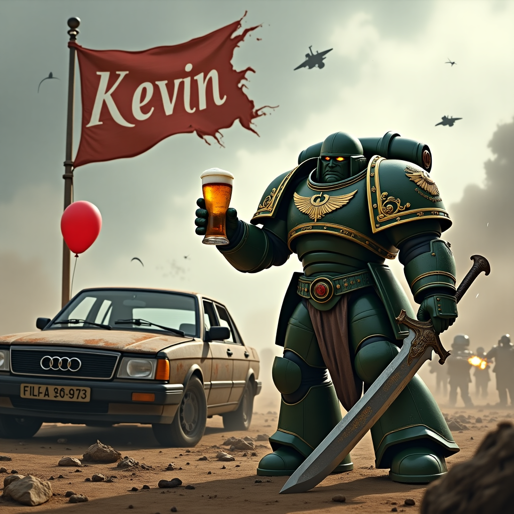 Front and center, a Space Marine from the Dark Angels chapter, clad in iconic dark green power armor with the chapter's winged sword insignia, dominates the scene. His armor is intricately detailed with ornate gold trims and battle-worn scratches. In his right hand, he firmly grips a formidable chainsword, its teeth stained with the patina of battle. In his left hand, a frothy pint of Stella Artois beer glistens in a transparent glass, the light catching the golden liquid and white foam head.

Behind the Space Marine, an epic Warhammer 40k action scene unfolds with distant figures clashing amidst plumes of smoke and the flashes of bolter fire. The background is a tumultuous battleground, with the grey skies streaked with the contrails of drop pods.

To the left of the Space Marine, a Gunmetal Grey Audi, once a proud machine, now stands as a rusted scrap. Its body is dented and tarnished, the paint flaking to reveal patches of red rust underneath. Amidst the wreckage, a vivid red 50th birthday balloon, defying the chaos, floats tethered to the car's antenna, its surface shimmering in the light.

In the upper portion of the card, against the cloud-filled sky, "Kevin" is spelled out in bold, white letters across a tattered banner caught in the wind, adding a personal touch to the scene.

The ground is littered with spent casings and fragments of ceramite, the battlefield strewn with debris from the epic clash. The colors are rich and earthy, dominated by shades of metallic greys, deep greens, and rusty reds, capturing the grandeur and grit of the Warhammer 40k universe.
Generated with these themes: Warhammer 40k action scene, Space marine holding pint of Stella beer and chainsword, Dark angel chapter, Gunmetal Grey Audi rusted scrap, 50th birthday balloon, and .
Made with ❤️ by AI.