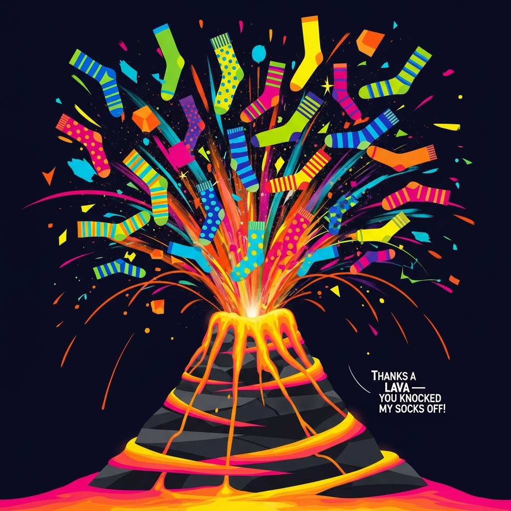 Portrait, bold abstract composition of geometric shapes and fluid curves in a high-contrast palette. A stylized volcano built from stacked charcoal and obsidian triangles and sweeping arcs erupts in a cyclone of neon brushstrokes and paint splatters. Dozens of mismatched colorful socks blast upward like confetti rockets—simplified but recognizable with heel/toe blocks—featuring loud patterns (stripes, polka dots, zigzags, argyle). Motion lines, palette-knife textures, and geometric shards emphasize explosive energy; glowing lava gradients (tangerine to hot pink) illuminate electric cyan, magenta, lemon yellow, lime, and cobalt socks against a deep midnight background. Strong negative space up top, dynamic spiral flow, playful and funny mood. Small caption integrated into the plume near the lower right in bold rounded sans-serif or hand-painted brush lettering, high contrast (white or lemon) with subtle warp to follow the curve: “Thanks a lava—you knocked my socks off!”
Generated with these themes: Colorful socks being blown out of a volcano, and .
Made with ❤️ by AI.