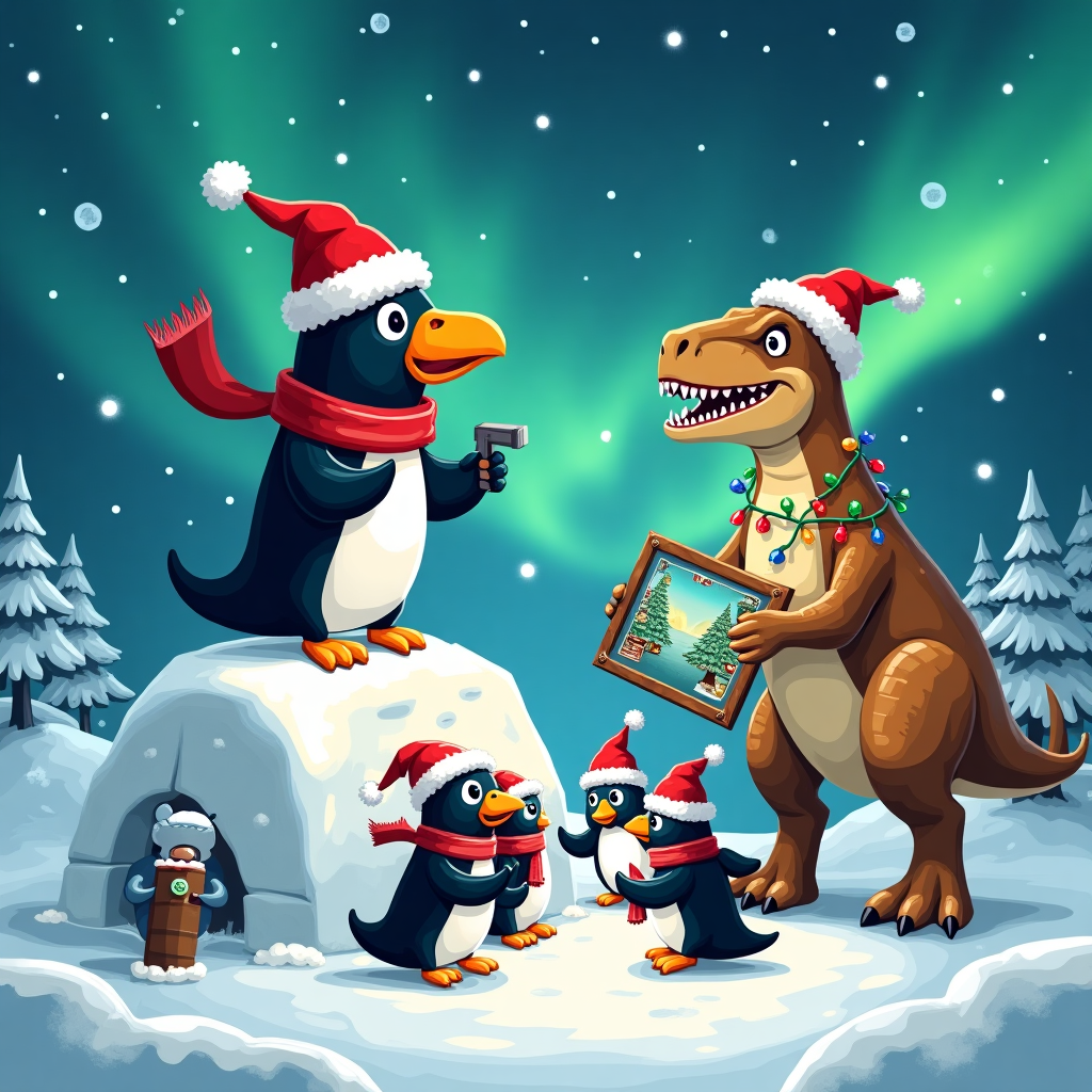 In a whimsical, snowy landscape, a charming blend of adventure and chaos unfolds on the front cover of this Christmas greeting card. Picture a festive Arctic setting under a shimmering aurora borealis sky, where a charismatic penguin, sporting a cozy red scarf and Santa hat, confidently stands atop a large snowdrift. The penguin is holding a Minecraft pickaxe in one flipper, poised for digital excavation. Beside him, a towering T-Rex, humorously bedecked with a string of blinking Christmas lights draped across its broad shoulders, appears to be curiously peering at the Minecraft screen projected on an icy tablet propped against the drift. In the foreground, a mischievous gang of penguins, each wearing tiny elf hats, huddle together, enthusiastically building a blocky, pixelated igloo reminiscent of a Minecraft house. Meanwhile, an incongruously placed shark—sporting a jolly Santa beard—swims through the air as if it were the sea, holding a joystick in its fins and gazing intently at the game. Surrounding the characters, crystalline snowflakes flutter gently to the ground, and in the background, a whimsically crooked, gingerbread-like Minecraft tree decorated with pixelated ornaments stands proudly. Each detail is carefully illustrated to evoke a sense of playful absurdity, blending elements of Christmas cheer with the nostalgic charm of a digital world.
Generated with these themes: a penguin and a trex and more penguin and a shark playing minecraft christmas edition.
Made with ❤️ by AI.