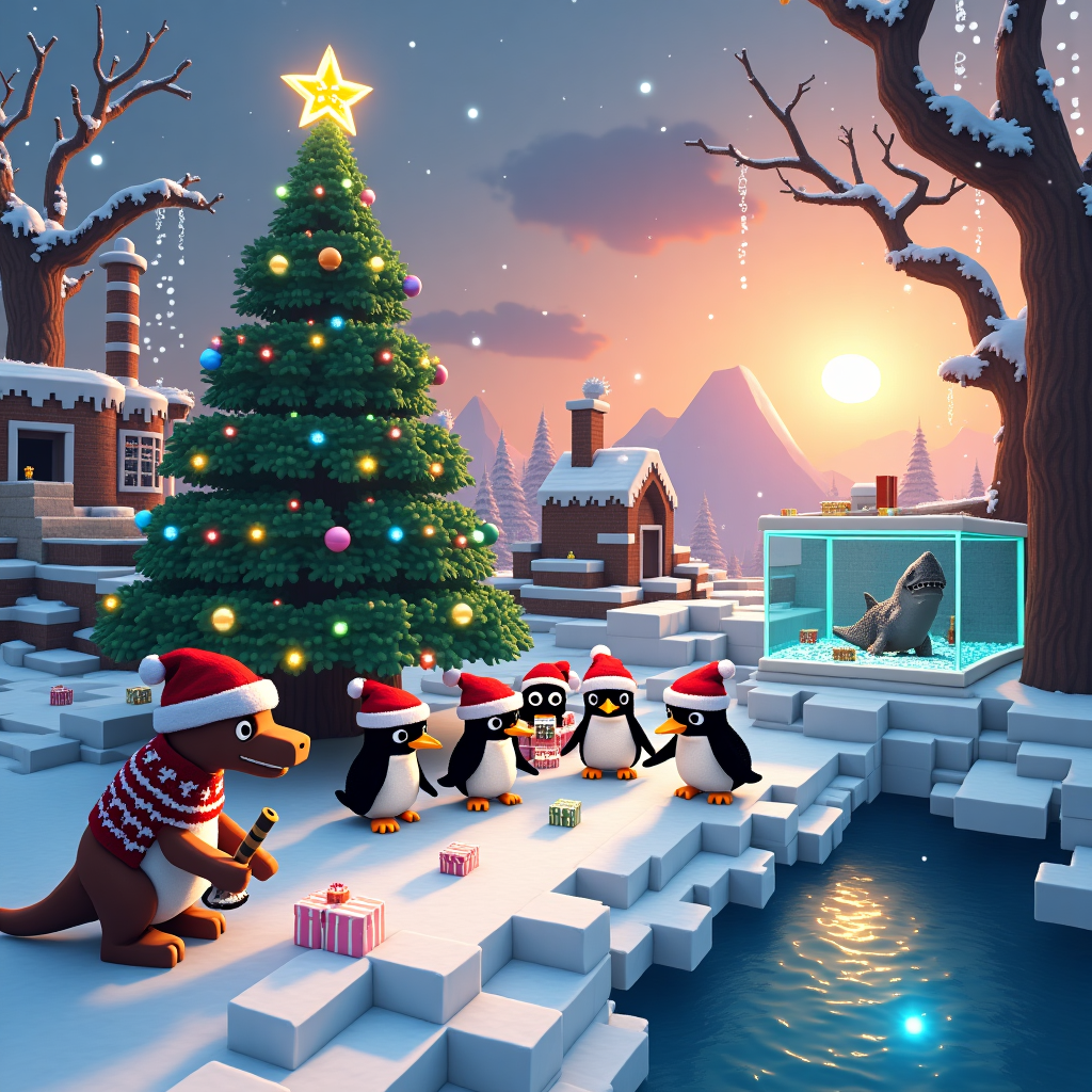 The scene unfolds in a whimsical, snowy landscape where the magic of Christmas and the wonders of the imagination converge. At the heart of this festive tableau stands a towering Christmas tree adorned with sparkling pixelated ornaments, glowing like enchanted jewels, and topped with a shimmering blocky star—a nod to the world of Minecraft. Surrounding this digital arboreal marvel are a group of mischievous penguins, each donning tiny Santa hats with a distinctive pixel pattern, as they waddle eagerly around a snowy platform built from Minecraft snow blocks.

In the foreground, a particularly adventurous penguin, equipped with a pixelated pickaxe, is comically attempting to 'mine' a candy cane. To its side, a Tyrannosaurus rex, decked out in a cozy red and white Christmas sweater patterned with reindeer, watches the penguin's antics with a bemused expression. Despite its ferocious reputation, this T-rex seems far more interested in balancing a block of snow precariously on its tiny arms than anything else.

Nearby, a shark—its sleek, shiny form hilariously incongruous in the snowy environment—swims through a large aquarium tank crafted from glass blocks, playfully blowing bubbles that take the shape of festive snowflakes. Above the tank, a digital screen projects scenes from Minecraft Christmas Edition, showing blocky versions of holiday scenes, like snow golems wandering through a blocky winter wonderland, much to the penguins' delight.

In the background, quaint little pixel houses, complete with chimneys puffing out block-shaped smoke, dot the snowy landscape. A gentle snowfall, depicted as cubes, descends from a sky tinged with the vibrant hues of a Minecraft sunrise, where the square sun peaks over the horizon, casting long, blocky shadows. The entire scene is framed by twisted, bare trees reminiscent of Aubrey Beardsley's intricate linework, adding a touch of elegance and whimsy.

This delightful, chaotic blend of creatures and digital festivity tells a story of harmony and humor, where nature and technology come together in a fantastical Christmas celebration.
Generated with these themes: a penguin and a trex and more penguin and a shark playing minecraft christmas edition.
Made with ❤️ by AI.
