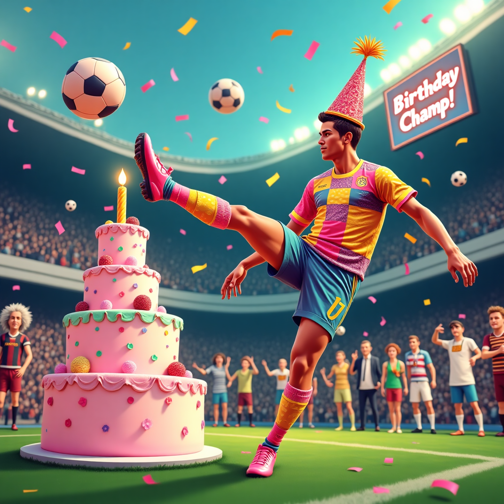 On the front cover of the birthday greeting card, we have a scene set on a soccer pitch with a playful twist. Picture this: Cristiano Ronaldo, the iconic football superstar, is dressed not in his usual football gear, but in a flamboyant birthday costume. He's wearing a vibrant, oversized party hat that juts out like a mini Eiffel Tower, adorned with glittering sequins and a golden tassel dangling from the tip. His jersey, instead of the usual club colors, is a bold patchwork quilt of bright polka dots and stripes in an array of cheerful hues.

Ronaldo is mid-action, executing one of his signature moves—a perfectly timed overhead kick. However, instead of a standard football, he's aiming for a giant, inflatable birthday cake with three towering tiers. Each layer of the cake is whimsically decorated with frosting patterns in pastel pinks, blues, and yellows, and is topped with a single enormous candle that's almost cartoonishly oversized, its wick whimsically smoking as if recently blown out.

Surrounding him, in the stands, are spectators who are not ordinary fans, but rather a crowd of life-sized cardboard cutouts of famous historical figures, each wearing a party hat and blowing a party horn. There’s Einstein with his wild hair, Cleopatra with her asp-adorned crown, and even a dapper Shakespeare, quill in hand, all joining in the birthday cheer. Balloons in the shape of soccer balls float above the stands, tied to the railings with ribbons that match the colors of Ronaldo's eccentric jersey.

In the background, a comically large scoreboard displays the message, "Happy Birthday, Champ!" in bold, flashing neon letters, while confetti rains down like a rainbow shower, catching the light and casting a magical glow over the entire scene. This joyous and unexpected mix of sports grandeur and birthday extravagance makes the perfect whimsical card cover that tells a story of celebration and fun.
Generated with these themes: Ronaldo .
Made with ❤️ by AI.
