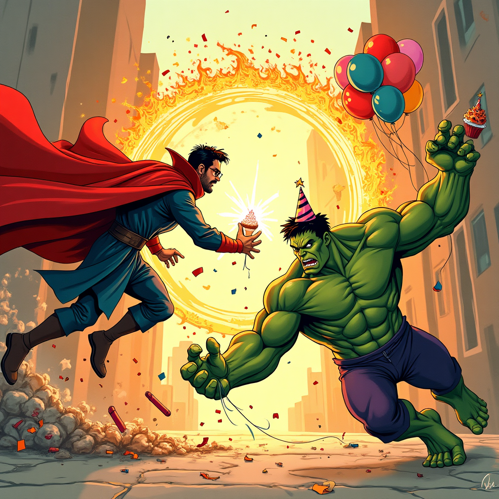 Prompt:
Hand-drawn illustration with fine linework and textured brush strokes, warm expressive color palette. A dynamic, funny battle scene between Doctor Strange and the Hulk at golden hour. Doctor Strange has Pakistani brown skin, neat beard, black hair, and black glasses, wearing a flowing crimson cloak that arcs like a ribbon as he hovers midair. He casts glowing, intricate orange-gold runes while opening a circular portal that sprays confetti, balloons, and a rogue cupcake. Opposite him, a massive, muscular green Hulk lunges forward with a playful scowl, a crooked party hat on his head, frosting on one knuckle, and a balloon string tangled around his wrist. The setting is a slightly stylized city street with warm light, long shadows, and soft, painterly textures; debris is minimal and comedic (streamers, gift wrap). Balanced triangular composition: Strange on the left in a three-quarter low angle, Hulk on the right, the swirling portal center-left. Use expressive ink lines, subtle paper grain, and painterly shading; rich crimsons, golds, and teals that pop against Hulk’s emerald skin. Emphasize motion arcs, cloak swirls, and spark effects; keep the mood heroic but cheeky, no gore or harsh damage, no logos or extra text. Small, single-line hand-lettered caption at the bottom, unobtrusive: “Have a SMASH-ing birthday—keep it STRANGE!”
Generated with these themes: Dr Strange marvel (Pakistani brown skin with black glasses) fighting , Fight scene Marvel , Hulk marvel , Battle fight scene , and .
Made with ❤️ by AI.