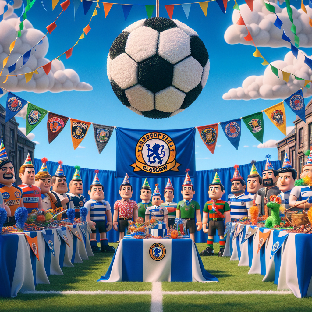 Create an image that depicts a joyous festivity characterized by a football theme, specifically inspired by a renowned football team from Glasgow, without mentioning the team's name. The scene is set under a clear blue sky dotted with fluffy clouds, all sculpted to resemble footballs. The party decorations, streamers, and hats worn by different cartoon characters are visually in sync with the colors traditionally associated with this team. A series of banners boasting a bespoke emblem, not trademarked or associated with any real-life team, are prominently displayed. A piñata resembling a football is suspended above a table draped with a tablecloth mimicking a football field, adding to the overall playful ambiance.
Generated with these themes: Glasgow Rangers, and Football.
Made with ❤️ by AI.