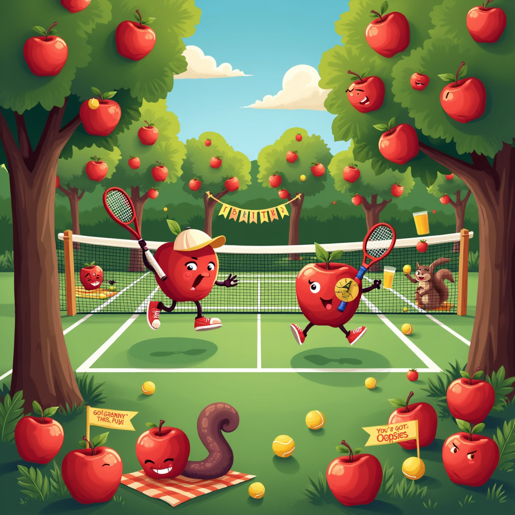Imagine a vibrant tennis court with a quirky twist! The court is nestled in an apple orchard, with lush apple trees surrounding the perimeter, their branches heavy with a mix of red and green apples. In the foreground, two anthropomorphic apples, complete with little faces, limbs, and tennis gear, are mid-game. The apple on the left is leaping into the air for a dramatic serve, racket in hand, while the apple on the right is poised with an intense expression, ready to return the volley.

To add to the humor, the net in the middle of the court is made out of a giant, tightly woven spider web, with a bemused spider, dressed as an umpire, sitting atop it with a whistle around its neck. Scattered around the court are various tennis balls, except these tennis balls are actually apples with funny facial expressions, as if surprised they’ve been hit around.

In the background, under one of the apple trees, a small crowd of apples and tennis balls are sitting on picnic blankets, enthusiastically cheering and holding up signs that say, “Go Granny Smith!” and “You’ve got this, Fuji!” Some apples are munching on popcorn, while others are sipping apple juice from tiny cups.

On one side of the court, a squirrel dressed as a ball boy is diligently picking up the apples that miss their mark and placing them in a basket labeled “Oopsies!” There's even a cheeky worm peeking out of one of the apples in the orchard, waving a tiny flag.

The sky is a bright, cartoonish blue with fluffy clouds shaped like various fruits, and in the top corner of the card, there’s a banner strung between two apple trees that reads, “Happy Birthday!” in bright, playful letters.

This whimsical, action-packed scene combines the best of tennis and apples in a fun, imaginative way, perfect for a birthday greeting card!
Generated with these themes: Tennis, and Apples.
Made with ❤️ by AI.