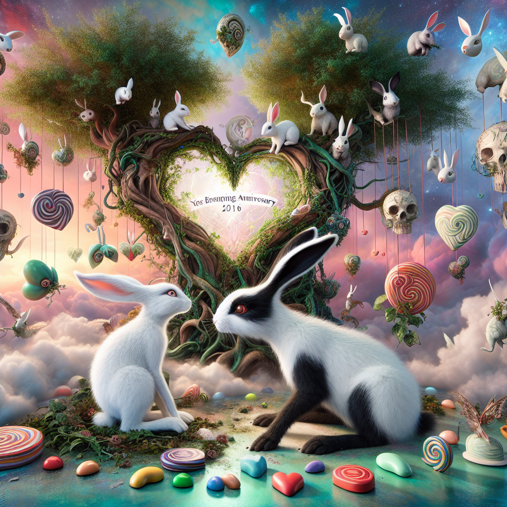 Imagine a whimsical, fantastical scene celebrating an anniversary where time and reality blur. The centerpiece of this scene is a mystical tree, its branches reaching high into a sky filled with unlikely, extraordinary colors. At the tree's base, a unique pair of rabbits communicates a message of unity amid diversity; a white rabbit with a bold black nose and a black rabbit with a white nose stare into each other's eyes. A skull decorated with creeping green vines hangs from the tree, lending a hint of macabre grace to the scene. Delightfully colored candies of various shapes are strewn around the area, hinting at a celebration of life's sweet moments. Above the entire scenario, a radiant heart illuminates the surroundings, subtly suggesting an overarching theme of love and commitment.
Generated with these themes: White rabbit with black nose, Black rabbit with white nose, Tree, Skull, Sweeties, and Heart.
Made with ❤️ by AI.