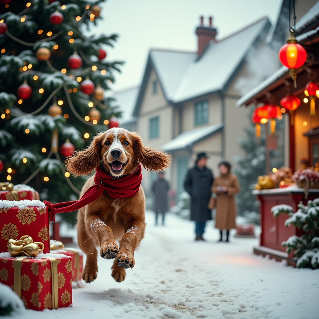 The scene is a magical Christmas setting, combining the charm of an English countryside with a dash of Eastern elegance. Picture an idyllic, snow-dusted English village street lined with quaint thatched cottages. At the heart of the scene stands a beautifully decorated, towering Christmas tree, adorned with delicate red and gold baubles, twinkling fairy lights, and strands of shimmering tinsel. Beneath the tree, presents wrapped in vibrant oriental silk fabric with intricate gold embroidery catch the eye, adding a rich texture to the composition.

In the foreground, a joyful English Springer Spaniel is captured mid-leap, playfully bouncing through the fresh snow. Its soft fur is speckled with snowflakes, and it wears a festive, crimson scarf around its neck, the ends fluttering in motion. Nearby, an ornate, traditional Chinese lantern hangs from a lamppost, its crimson hue casting a warm glow onto the scene, subtly contrasting with the crisp whiteness of the snow.

In the background, a small group of villagers, clad in Victorian-inspired attire, gather around a steaming oriental tea stall, sampling jasmine tea served in delicate porcelain cups. A gentle plume of aromatic steam rises into the air, merging with the faint smoke spirals from nearby chimneys. This fusion of elements brings together the warmth of an English Christmas with an enchanting Oriental twist, creating a unique visual story that's both festive and culturally rich.
Generated with these themes: English springer spaniel , and Oriental .
Made with ❤️ by AI.