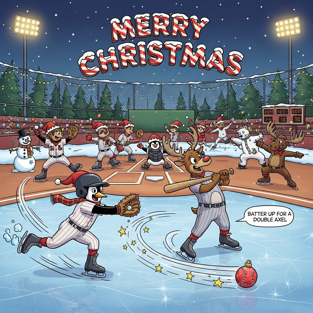 At the top of the Cartoon Style image, "Merry Christmas"

Playful, funny cartoon scene with thick black outlines, exaggerated proportions, and bright, saturated holiday colors. Portrait composition. A snowy night has turned a baseball diamond into a glittering ice rink. Center stage: a reindeer batter on shiny figure skates performs a pirouette mid-swing with a candy-cane bat, smacking a sparkling red ornament baseball that leaves twinkly star trails. To the left, an elf pitcher in a striped baseball uniform spins into a dramatic figure-skating pose, scarf fluttering, cleats swapped for skates, trailing glittery motion arcs. Behind home plate, a penguin catcher with an oversized mitt wobbles on skates; a snowman umpire in a tiny bowtie throws a big “SAFE!” pose with comic motion lines.

Along the peppermint-striped base paths, a chorus line of dancing elves in baseball jerseys does a synchronized kick line; at second base, an elf duo performs a graceful ice-dance lift. Bases look like iced gingerbread cookies. Outfield mascots (a polar bear and a moose) groove to the music, striking goofy dance poses beneath strings of glowing fairy lights. Evergreen trees sparkle in the background; confetti-like snowflakes twirl through the air. Big, bouncy expressions and squash-and-stretch action everywhere.

Headline styling: “Merry Christmas” in large, candy-cane-striped bubble letters with a puffy snow cap and a soft glow, clearly legible against a dusky blue sky. Add a small, cheeky caption on a glowing gingerbread scoreboard at right: “Batter up for a double axel!” High contrast, glossy highlights on the ice, warm reds/greens against cool icy blues, clean cel shading, and lots of whimsical energy. No borders or watermarks.
Generated with these themes: Baseball, figure skating, dancing, and .
Made with ❤️ by AI.