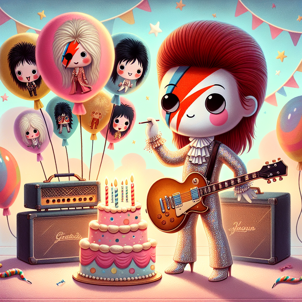 For this delightful cartoon birthday scene, imagine a cute animated figure with a flamboyant rockstar look, inspired by the glory days of glam rock, wearing glittery attire that's reminiscent of the Ziggy Stardust era. This character sways with a guitar in hand, standing amidst a swirl of balloons, each one showcasing playful interpretations of various iconic glam rock personas. Nearby, a stack of cartoon amplifiers form the base of a towering birthday cake, complete with candles that flicker to the imaginary beat of greatest glam rock hits. The background is softly painted with a harmonious blend of colors and classic birthday motifs for a truly delightful tableau.
Generated with these themes: David Bowie, and Guitars .
Made with ❤️ by AI.