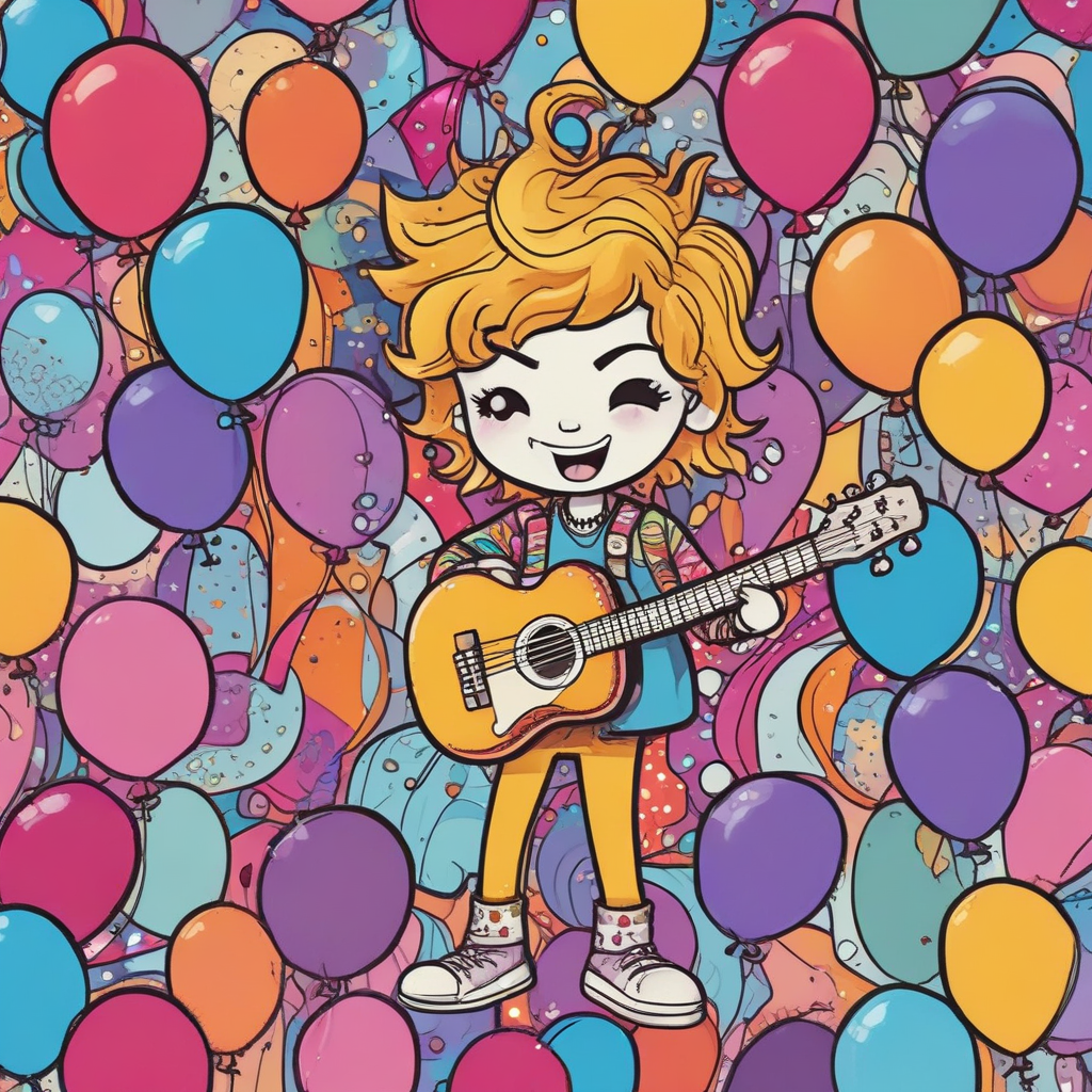 Cartoon Cute, For this delightful cartoon birthday scene, imagine a cute animated figure with a flamboyant rockstar look, inspired by the glory days of glam rock, wearing glittery attire that's reminiscent of the Ziggy Stardust era. This character sways with a guitar in hand, standing amidst a swirl of balloons, each one showcasing playful interpretations of various iconic glam rock personas. Nearby, a stack of cartoon amplifiers form the base of a towering birthday cake, complete with candles that flicker to the imaginary beat of greatest glam rock hits. The background is softly painted with a harmonious blend of colors and classic birthday motifs for a truly delightful tableau.
Generated with these themes: David Bowie, and Guitars .
Made with ❤️ by AI.