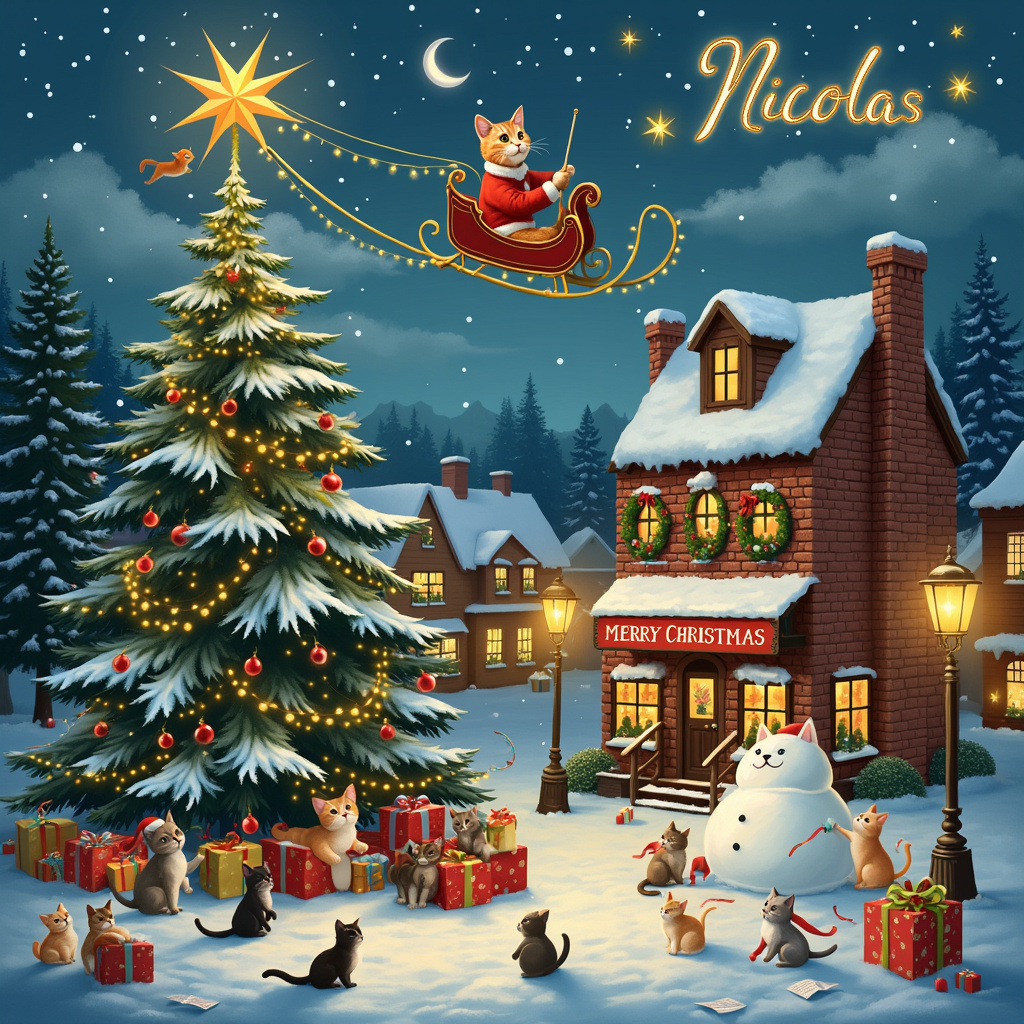 In a whimsical, snowy village nestled among pine trees, a lively Christmas scene unfolds. In the foreground, a large, festive Christmas tree stands proudly in the town square, decorated with twinkling lights, colorful ornaments, and tinsel. Cats of various breeds are bustling around the tree, each wearing adorable Santa hats and scarves. Some are tangled in the lights, creating a comical sight, while others are playfully batting at the ornaments. A tabby cat is at the top of the tree, trying to place a glowing star, its paw raised in a precarious balancing act.

To the left, a ginger cat dressed as Santa Claus is riding a sleigh pulled by a team of mischievous kittens, flying just above the snow-covered ground. The sleigh is packed with presents wrapped in shiny paper, some of which are spilling out and being chased by other cats.

On the right side of the scene, a group of cats are building a snowcat, complete with a carrot nose and a scarf. Behind them, a tall brick building with a vintage-style sign that reads "Nicola's Cat Café" stands. The sign is adorned with fairy lights and a giant Christmas wreath.

Above the entire scene, the night sky is dotted with stars and a crescent moon. In the clouds, the name "Nicola" is cleverly spelled out with stars, shimmering brightly as if written by a celestial paw. Snowflakes gently fall, adding to the enchanting, wintery atmosphere.

In the background, other buildings are decorated with Christmas lights and wreaths, and through the windows, silhouettes of cats can be seen enjoying the festive season. A banner stretched across two lampposts reads "Merry Christmas" in bold, festive letters.

Every element of the scene is designed to create a joyful and bustling Christmas celebration, with cats taking center stage in this delightful holiday spectacle.
Generated with these themes: Cats.
Made with ❤️ by AI.