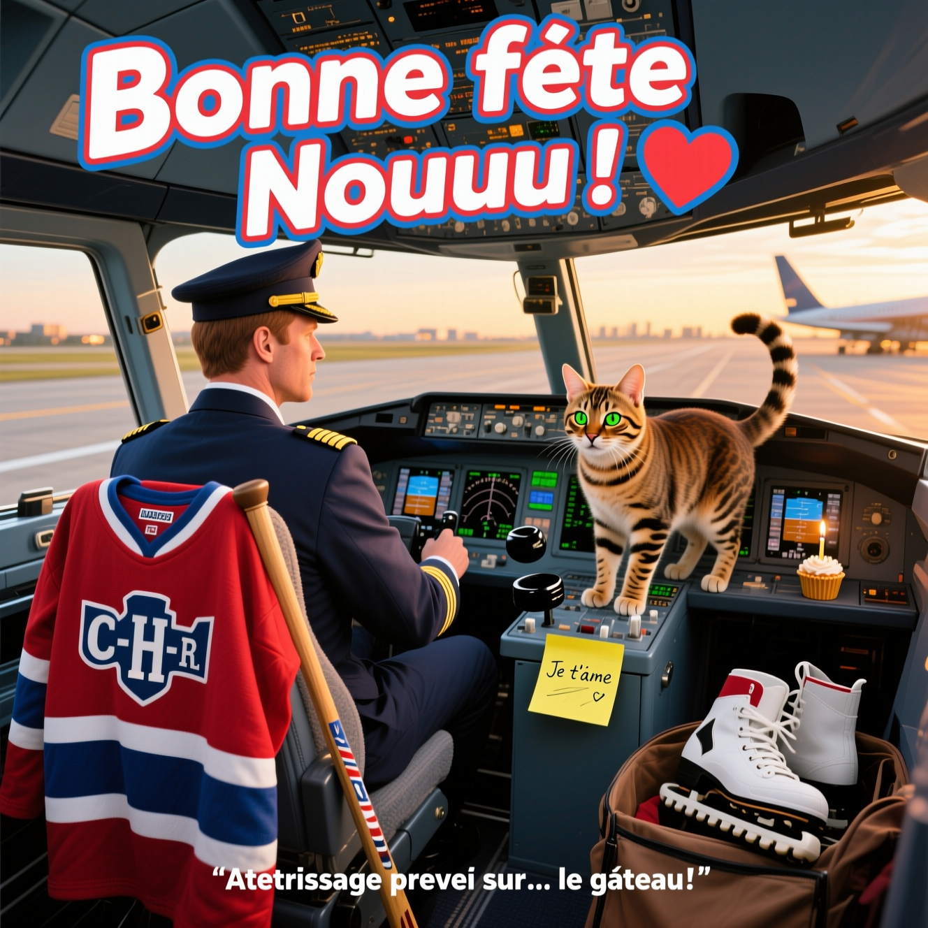 At the top of the Photorealistic picture taken from a camera image, place the text: “Bonne fête Nouuu ! ❤️” in large playful white lettering with a subtle red-and-blue outline, slightly arched across the sky/cockpit windows.

Add at the bottom a small cheeky caption: “Atterrissage prévu sur… le gâteau.”

Ultra-high-definition 4K UHD, photorealistic, funny mood. Scene: Inside an airplane cockpit on the tarmac at golden hour. Over-the-shoulder view from behind a châtain (light brown) airline pilot, seen de dos, in a crisp navy uniform with gold epaulettes. Draped over the back of his captain’s seat is a vivid red–white–blue Montréal hockey jersey (classic “C‑H” chest crest clearly visible), with a hockey stick leaning beside the seat. A rosette-coated Bengal cat with bright green eyes stands mischievously on the center console, mid-swat at a black puck rolling toward the throttles; its tail curls up, whiskers catching the light. A yellow Post‑it on the primary flight display reads: Je t’aime ❤️ in neat, handwritten ink. A pair of hockey skates peek from an open flight bag by the rudder pedals, and a single cupcake with a lit candle sits on the glareshield like a tiny “runway light.” Outside the windscreen: soft, sunlit runway and faint city hints, with warm rim light outlining the pilot’s hair and the cat’s fur.

Camera/style: full-frame DSLR look, 50mm lens, f/2.2, ISO 200, 1/250s; natural daylight with soft bounce, accurate color, lifelike textures (leather seat grain, brushed metal switches, glossy jersey fabric, detailed cat fur), realistic reflections on the glass panels. Shallow depth of field for rich bokeh; pilot’s shoulders, jersey crest, cat, and instruments in tack-sharp focus. No extra text beyond the specified overlays and the Post‑it.
Generated with these themes: Pilote davion châtain de dos avec chat bengal et canadien de montreal hockey, Post-it écrit: Je t’aime ❤️, and .
Made with ❤️ by AI.