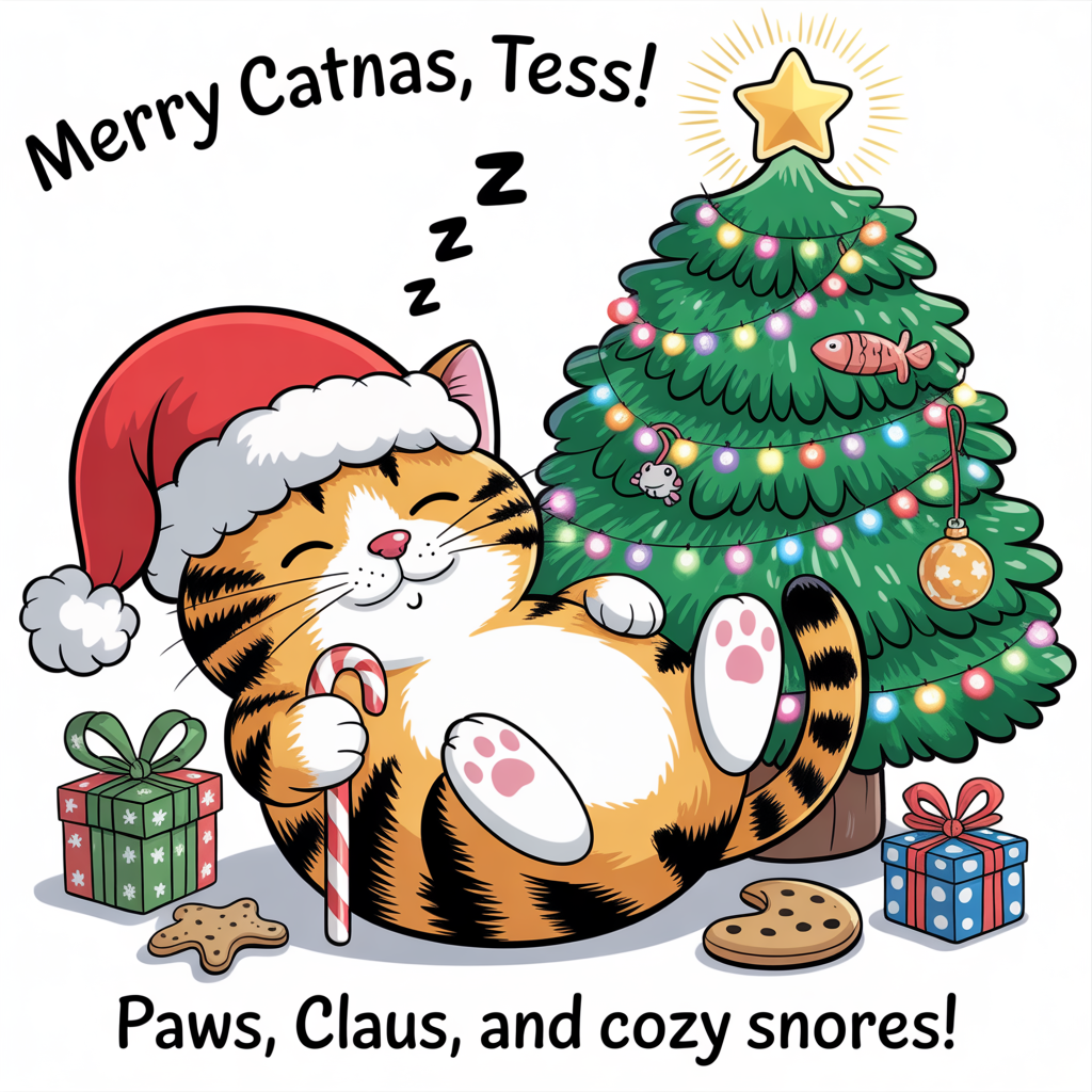 Tabby cat wearing hat sleeping on its back next to decorated tree, and Christmas Card