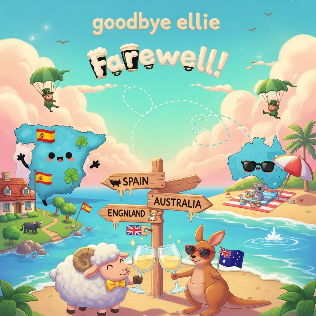 At the top of the Surreal Style image, “goodbye ellie” in soft, hand‑lettered, puffy cream‑cloud script, gently glowing and floating in the sky.

Dreamlike, Dali‑inspired, cute cartoon farewell scene awash in vibrant candy colors and ethereal lighting: In the foreground, a fluffy, cheerful sheep with a bright yellow bowtie clinks a sparkling glass of white wine with a happy kangaroo wearing cool sunglasses and holding a small waving Australian flag. Between them stands a whimsical wooden signpost that subtly melts at the edges, casting long surreal shadows: two quirky arrows pointing left labeled “Spain” (with a tiny black bull icon) and “England” (with a tiny dog doodle and a miniature Union Jack tag), and one arrow pointing right labeled “Australia” with a bouncing koala icon.

In the background, an adorable cartoon-style map of Spain with big, cute eyes and a happy face waves goodbye; dotted travel lines arc playfully across the sky toward a smiling, sunglasses-wearing map of Australia lounging on a striped towel beneath a beach umbrella. On Spain’s map, include a bright patch of shamrocks and a small black bull; nearby, a quaint cobblestone cottage with a gently waving Spanish flag. Around Australia’s map, show a golden sandy beach with turquoise water sparkle and a jaunty Australian flag fluttering.

Above all, puffy clouds shaped like Guinness stout foam drift and spell “Farewell!” while tiny leprechauns parachute down using eucalyptus leaves as parachutes, casting whimsical shadows. Add melting horizons, elongated signpost shadows, liquid reflections rippling in the wine, floating motes of light, and soft painterly gradients from peach to teal for a dreamy, otherworldly glow. Optional small caption near the bottom in playful handwritten curls: “Ewe’ll roo‑t for you!” Warm, cheeky, adorably sentimental mood; crisp cute linework meets surreal, ethereal atmosphere; portrait orientation, high detail.
Generated with these themes: .
Made with ❤️ by AI.