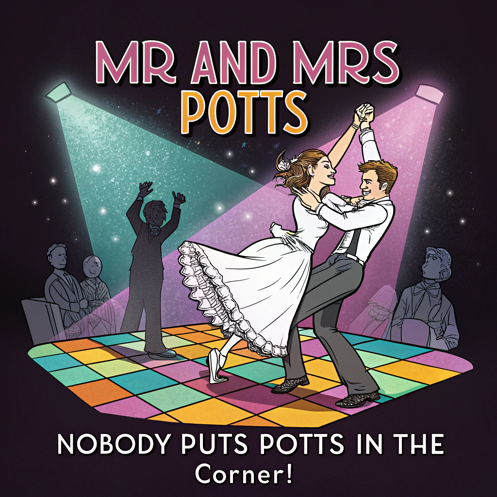 At the top of the Cartoon Style image, "Mr and Mrs Potts"

At the bottom of the Cartoon Style image, "Nobody puts Potts in the corner!"

In the center, depict a playful, high-energy wedding dance floor where the groom does the legendary Dirty Dancing lift, holding the bride high overhead in a dramatic, mid-air pose. Exaggerated proportions, thick black outlines, and bright saturated colors (hot pinks, teal, lemon, and electric purple). The bride’s veil and bouquet stream with motion lines; the groom’s knees wobble comically with a big grin and a cartoon sweat drop. A shiny teapot-shaped disco ball sprays rainbow light beams; heart- and tiny teapot-shaped confetti and music notes swirl around. Cheering guests with over-the-top expressions line the background. Big, bubbly hand-lettering for the top headline and a bold, punchy bottom line; sparkles on their wedding rings; whimsical, energetic poses throughout.
Generated with these themes: Dirty dancing, and .
Made with ❤️ by AI.