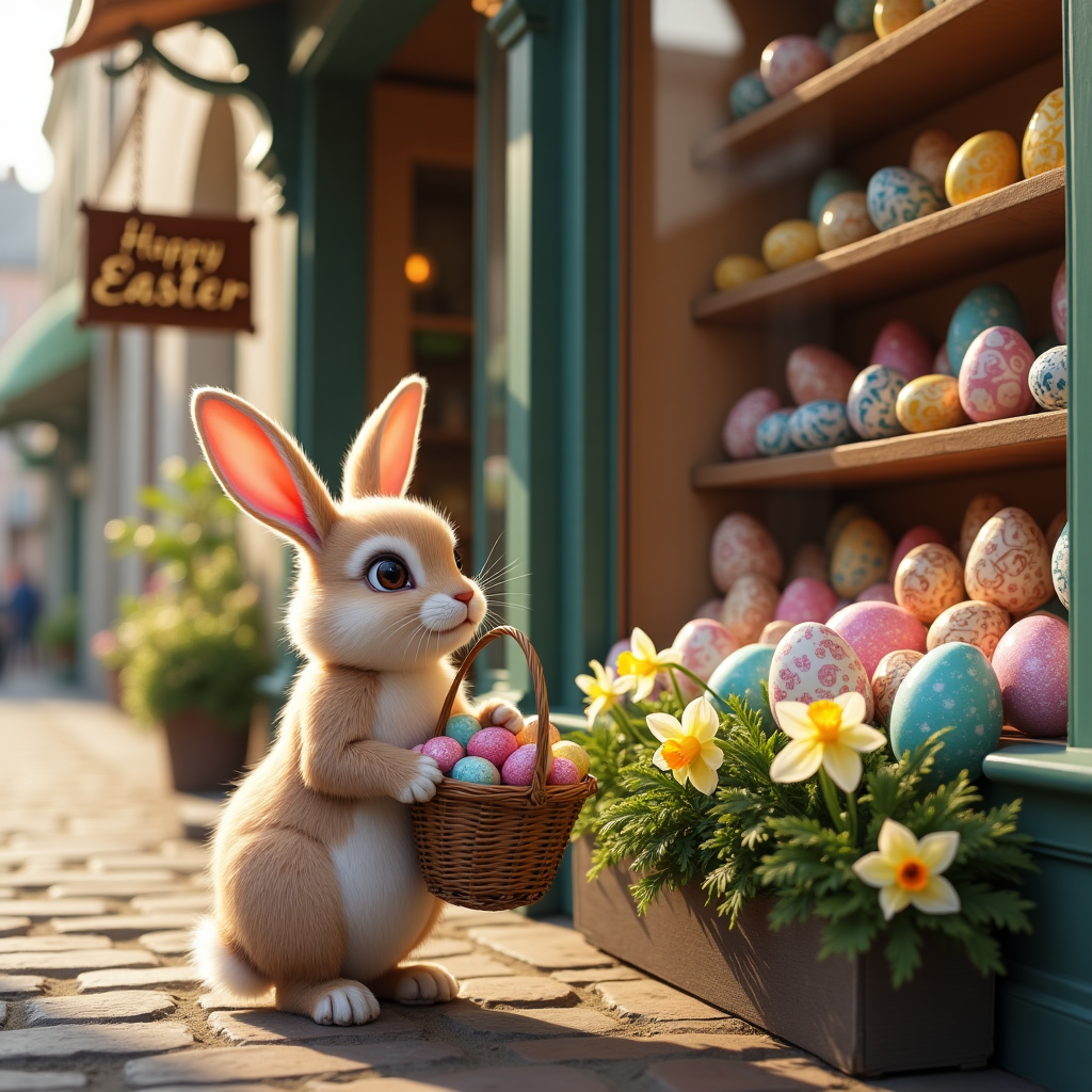 **Prompt:**  
A realistic, heartwarming Easter scene in a quaint cobblestone village. In the foreground, a fluffy, adorable Easter bunny with big sparkling eyes and soft pastel fur stands on its hind legs, gently clutching a woven basket brimming with colorful, foil-wrapped Easter eggs. The bunny is gazing through the charming old-fashioned window of a vintage chocolate shop, mesmerized by the shelves lined with intricately decorated chocolate eggs, hand-painted bunnies, and spring-themed sweets. The shop's antique wooden sign reads "Happy Easter" in whimsical, hand-lettered gold script. Warm afternoon light glows on the cobblestones, and the shop window reflects the bunny’s cute little face with a sense of wonder. Delicate daffodils and tulips bloom around the window box, adding a joyful spring touch. The mood is cheerful, magical, and sweetly nostalgic — perfect for the season.
Generated with these themes: Cute Easter bunny with big cute eyes, Old fashioned style chocolate shop full of Easter eggs, Easter bunny carrying a basket and looking in the window of the chocolate shop, and Happy Easter written on the shop.
Made with ❤️ by AI.