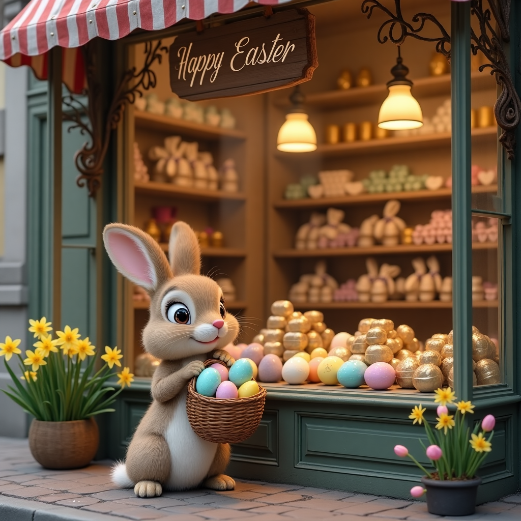 Cute Easter bunny with big cute eyes, Old fashioned style chocolate shop full of Easter eggs, Easter bunny carrying a basket and looking in the window of the chocolate shop, and Happy Easter written on the shop Easter Card