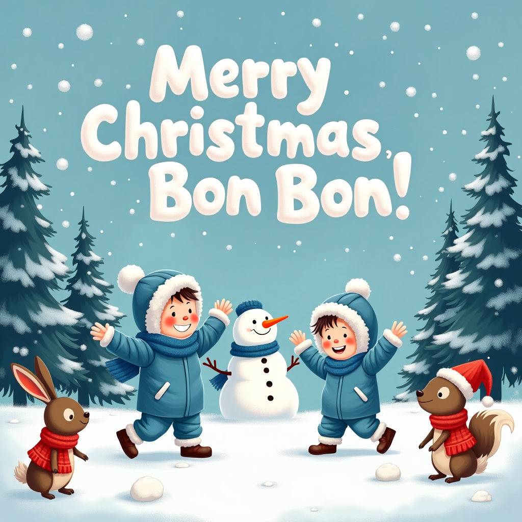 Little boy blue and little girl blue playing in snow Christmas Card