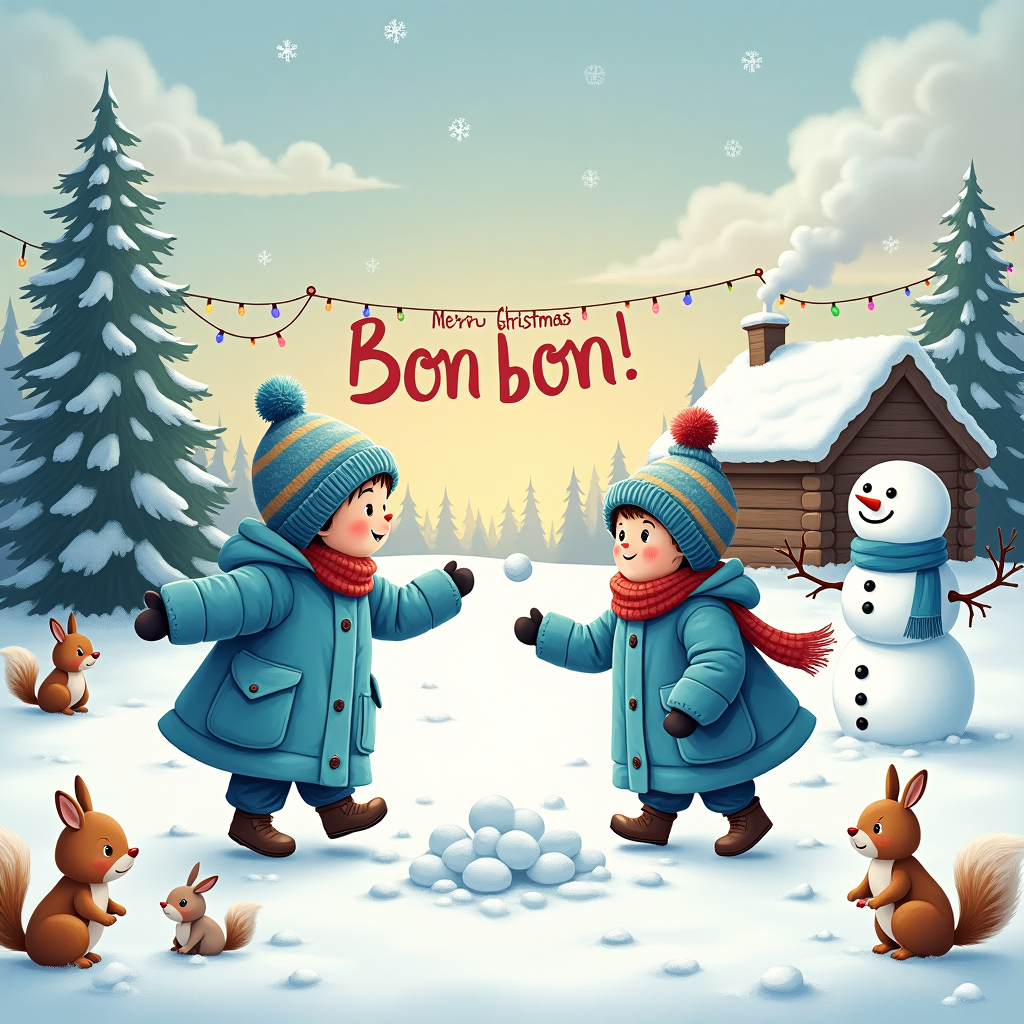 In the foreground of this whimsical winter wonderland, we see Little Boy Blue and Little Girl Blue, bundled up in oversized azure coats and matching woolen hats with fluffy pom-poms that wobble with their movement. They're having a snowball fight with piles of snow that shimmer like fine diamonds under the gentle, low winter sun. Little Boy Blue is mid-throw, his snowball suspended in the air, while Little Girl Blue holds a snowball behind her back, a mischievous grin on her face. Around them, the landscape is a sparkling blanket of snow with playful snow drifts sculpted by the wind. To their right, a snowman stands proudly, adorned with a crooked carrot nose, a bright red scarf, and eyes made from mismatched buttons. 

In the background, a cozy log cabin with smoke curling lazily from the chimney suggests a warm retreat waiting for them. A string of twinkling, multicolored fairy lights is draped across the cabin, their reflection creating tiny, colorful dots on the snowy ground. Above the scene, the sky is an artist's palette of pastel blues and purples, fading into the pale yellow of the horizon. Fluffy white clouds hang low, and cleverly, they spell out "Bon bon" in a whimsical, swirly script, as if painted by a playful winter breeze. Nearby, a cheerful banner hangs between two tall evergreen trees dusted with snow, proclaiming "Merry Christmas, Bon bon!" in festive, bold letters. On the ground, a group of delighted woodland creatures, including a chipper squirrel and a curious rabbit, watches the snowball fight with bemused expressions.
Generated with these themes: little boy blue and little girl blue playing in snow.
Made with ❤️ by AI.