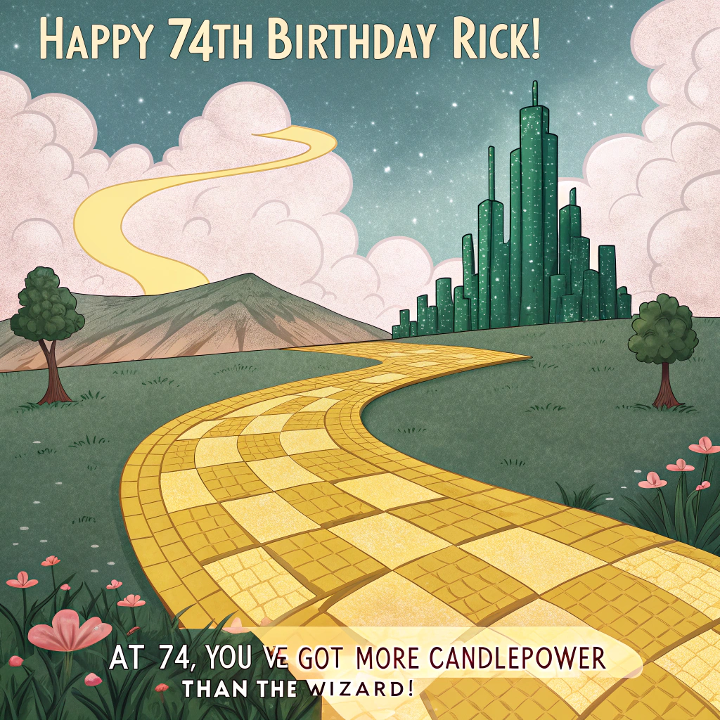 At the top of the Surreal Style image, "Happy 74th Birthday Rick!"

At the bottom of the image, "At 74, you’ve got more candlepower than the Wizard!"

Surreal, Dali-inspired Wizard of Oz scene: a melting yellow brick road curls like a caramel ribbon through a dream-desert of checkerboard clouds, its bricks subtly embossed with tiny glowing “74”s. The Emerald City rises ahead as dripping emerald-crystal towers that loosely form the letters R I C K, gleaming in ethereal rim light. A confetti tornado lazily swirls above, lifting teacups, tiny cottages, and sheet-music scraps into the twilight. A giant hot-air balloon becomes a frosted birthday cupcake wearing a wizard’s pointed hat, candles bending like lilies and dripping wax that turns into ruby-red slippers puddling like glossy candle-wax on a step. Rainbow arcs melt into paint drips across the sky. Playful cameos: a Scarecrow stitched from party streamers, a chrome Tin Man holding a champagne-oil can that sprays glitter, a fluffy dandelion-maned Lion clutching a “Courage” balloon, and a frosting-dotted Toto prancing with a party horn. Flying monkeys in tiny bowties deliver cake slices on silver trays. Soft, otherworldly lighting, long elastic shadows, painterly textures, candy-colored highlights; whimsical scale and gravity-bending details; composition low on the road, leading the eye toward the absurd Emerald skyline.
Generated with these themes: Wizard of Oz, and .
Made with ❤️ by AI.