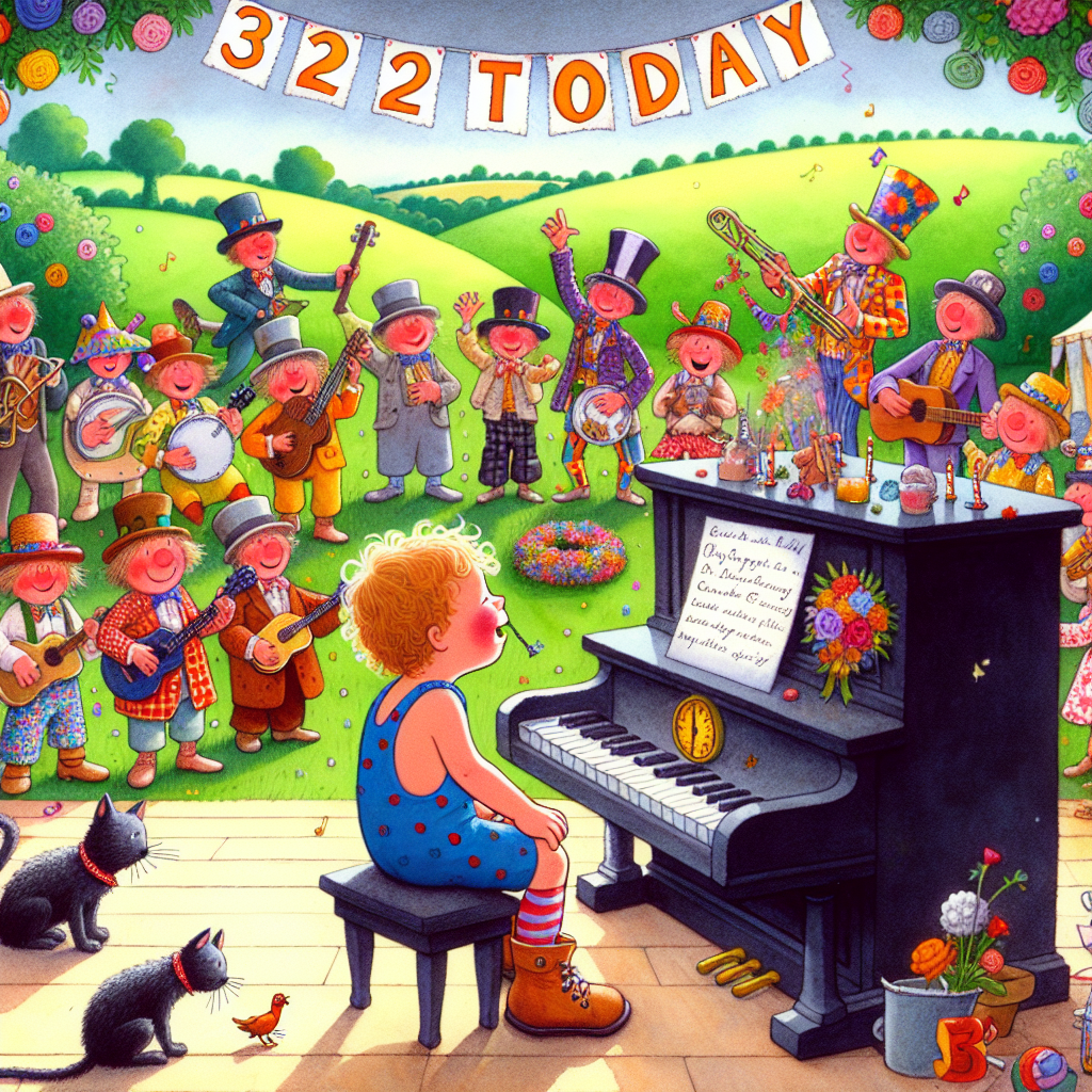 Imagine a whimsical and lively birthday scene set in an animated version of the Cotswolds during the peak of summer. Central to this scene is a jovial toddler of Caucasian descent with light curly hair, sitting at a grand piano, creating music that fills the air with merriment. Just above, a banner hanging with the words '32 today' adds a subtle personal touch to the affair. The vibrant mood is heightened by the performance of a band on stage, playing infectious music that has the crowd of cartoon characters thoroughly enjoying themselves. Parallel to this, a captivating show by a cartoon gymnast of undefined gender from Great Britain amazes spectators with their athletic skills. Adding a touch of comic relief, a black feline carries a mouse in its mouth, providing a contrasting image of ordinary life amidst the high energy of the party.
Generated with these themes: Toddler with light curly hair playing a grand piano at a summer fete in the cotswolds, A banner saying 32 today , Paramore playing on stage, Team GB gymnast , and Black cat with a Mouse in its moutb.
Made with ❤️ by AI.