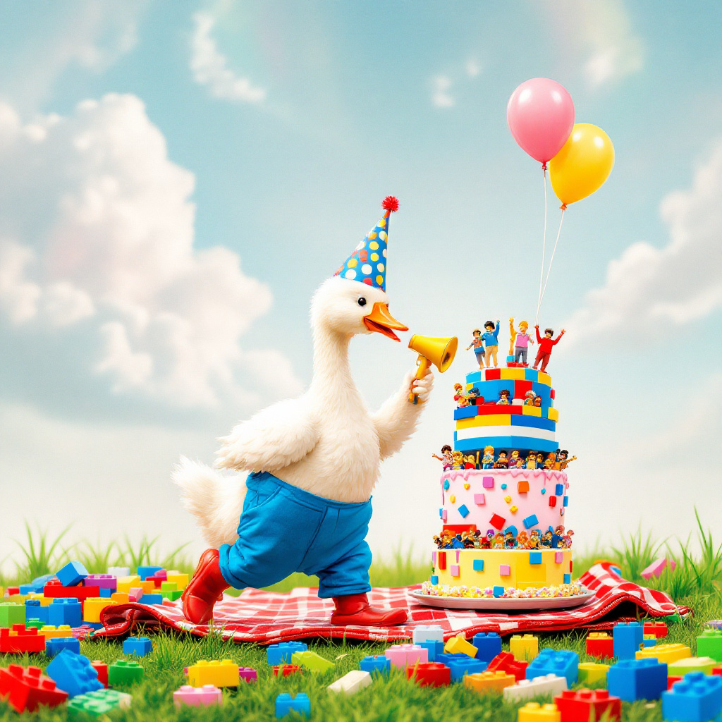 In the center of the card, a baby goose is joyfully waddling on a vibrant patch of grass, wearing an adorably oversized pair of blue trousers that are humorously slipping down, revealing a feathered tush. The goose's ensemble is topped off with a polka-dotted party hat, precariously perched on its head, and pointy red boots that make its steps comically awkward. In one wing, the goose clutches a tiny yellow megaphone from which it loudly honks, "Happy Birthday, Daddy!" The background is a whimsical chaos of colorful Lego bricks scattered around a classic red picnic blanket, upon which stands a quirky, lopsided birthday cake. The cake is multi-layered with mismatched frosting colors—bright blues, yellows, and pinks—and is topped with a small army of tiny, dancing Lego figures wearing mini party hats. Above, the sky is an artist's swirl of pale blues and purples, dotted with floating balloons shaped like clouds, each tethered to a little Lego brick. Tucked in the corner, a mischievous little gnome peeks out from behind a towering Lego tower, holding a tiny Lego gift box. The scene is framed by a border reminiscent of a classic storybook illustration, with intricate, playful patterns of twirling vines and whimsical woodland creatures peeking out, inspired by the meticulous details of Edward Gorey and Beatrix Potter, with a touch of Quentin Blake's lively line work to bring the scene to life.
Generated with these themes: Baby Goose wearing a party hat, wearing trousers and wearing pointy boots saying 'happy birthday daddy!', Birthday cake, and Lego.
Made with ❤️ by AI.