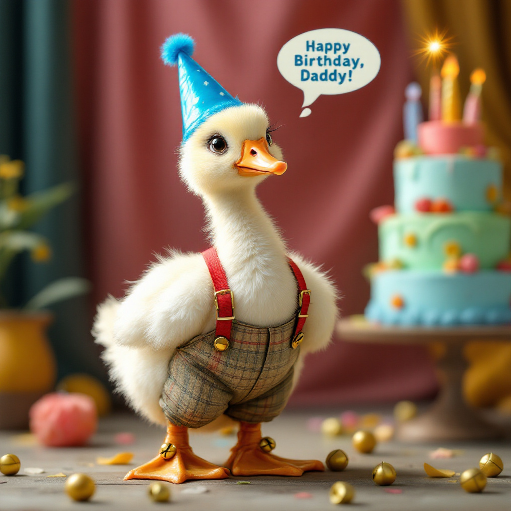 Baby Goose wearing a party hat, wearing trousers and wearing pointy boots saying 'happy birthday daddy!', Birthday cake, and Lego Birthday Card