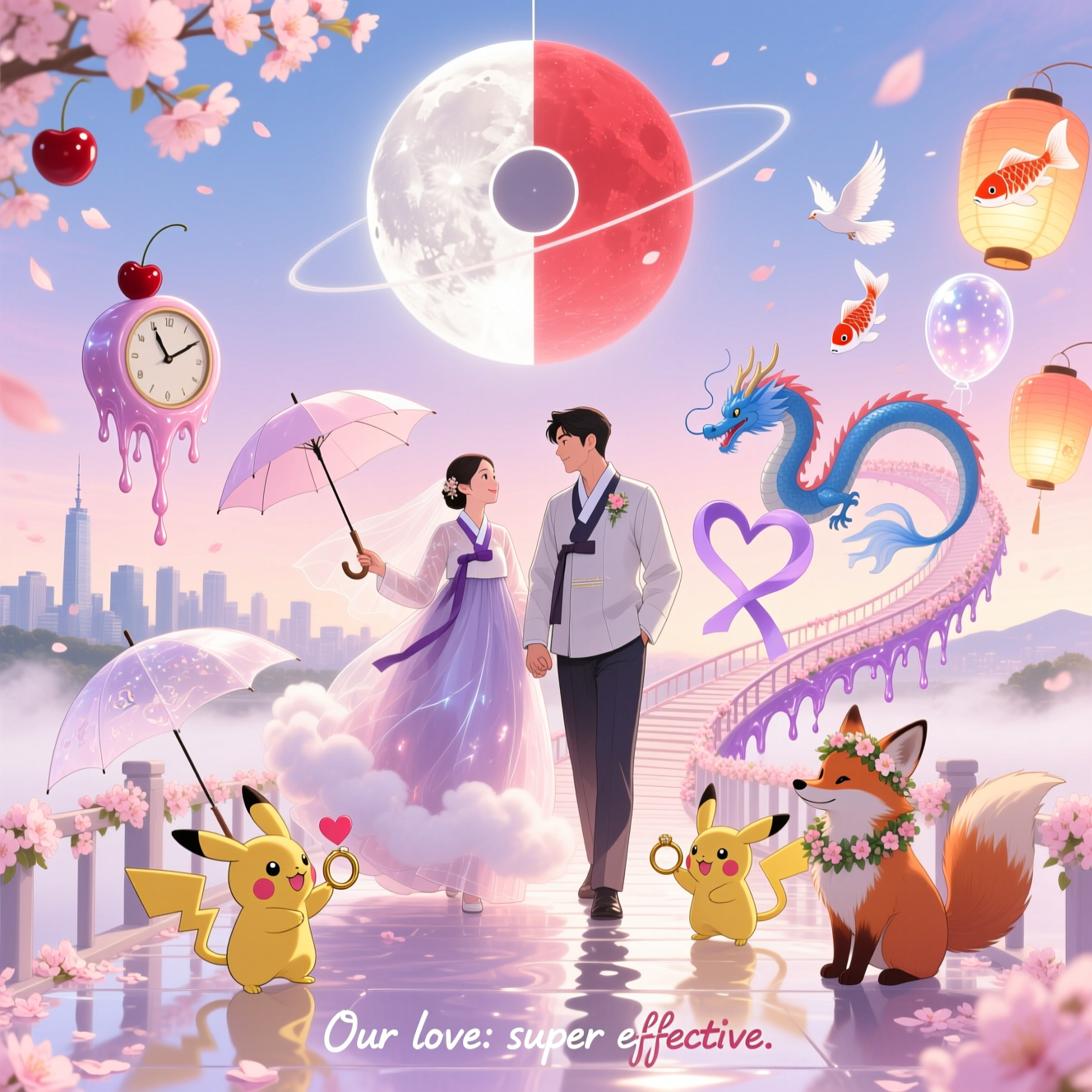 At the top of the Surreal Style image, Congratulations

A romantic, dreamlike surreal wedding scene in anime style with Korean drama vibes: two adult lovers, elegant and expressive, standing hand-in-hand on a floating, blossom-laced ring-bridge that gently melts at the edges. Their attire fuses wedding fashion with modern hanbok elements—her gown translucent and cloudlike, his suit sleek with subtle jeogori lines. The sky is an ethereal pastel gradient; a gigantic celestial orb split red-and-white with a central circle hangs like a moon, bathing everything in soft, volumetric glow. Dali-inspired details: melting cherry-blossom clocks, umbrellas dripping into petals, and a Seoul skyline bending like taffy on the horizon while Hangul strokes unravel into flying doves. Whimsical Pokemon-inspired companions celebrate around them: two tiny golden electric mouse sprites with rosy cheeks and heart-tipped tails present the rings; a ribbon-like blue dragon coils into a heart; a fluffy fox companion wearing a floral wreath. Translucent koi lanterns balloon upward, glittering bokeh dances in the mist, and long, liquid shadows stretch across a pearly floor. Palette: blush pink, lavender, moonlit ivory, and warm gold. Ultra-detailed painterly rendering, Dali-esque melting forms, cinematic K-drama backlight, soft depth of field, romantic atmosphere.

At the bottom in small, playful script: Our love: super effective.
Generated with these themes: Anime , POKEMON , Korean drama, and .
Made with ❤️ by AI.