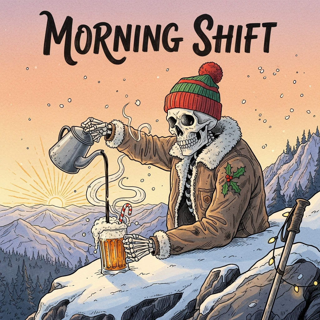 A skeleton with a beanie and a work jacket pouring a coffee into a pint of beer, Set in a mountain peak backdrop with a sunrise, and Christmas Card