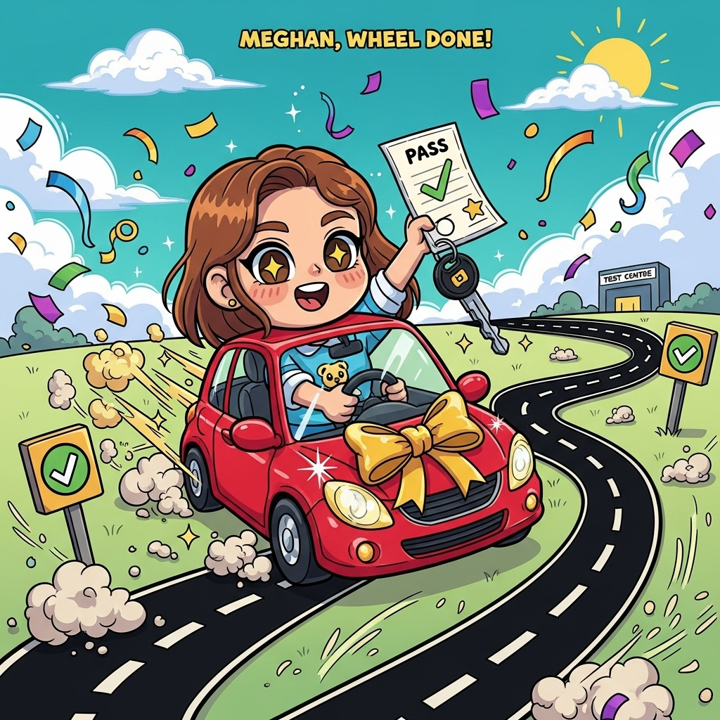 At the top of the Cartoon Style image, “Meghan, Wheel Done!”

Playful, cute, high-energy cartoon scene in bright saturated colors with thick outlines: a light-brown–haired young woman (big sparkling eyes, rosy cheeks, chibi proportions) joyfully driving a shiny new compact car bursting with personality. The car is cherry-red with a giant golden bow on the hood and bubbly highlights; dynamic motion lines and sparkles trail behind. She grips the wheel with one hand while triumphantly lifting a pass certificate featuring a big green checkmark in the other; a jangly car key with a star charm glints near the mirror. The road is a bold, inky-black ribbon with chunky dashed lines, looping and swirling into a heart shape as it winds through the scene, kicking up confetti-shaped dust puffs and whimsical whoosh lines. Surrounding details: sunny teal sky with fluffy clouds, rainbow confetti and streamers, cute signposts bearing green checkmark symbols, and a distant, simplified test center silhouette. Exaggerated proportions, energetic pose, and an overall adorable vibe. Keep the top sky area clean for the caption; no additional text in the scene.
Generated with these themes: New car , Passing driving test , Female driver , Roads, Light brown haired female, and .
Made with ❤️ by AI.