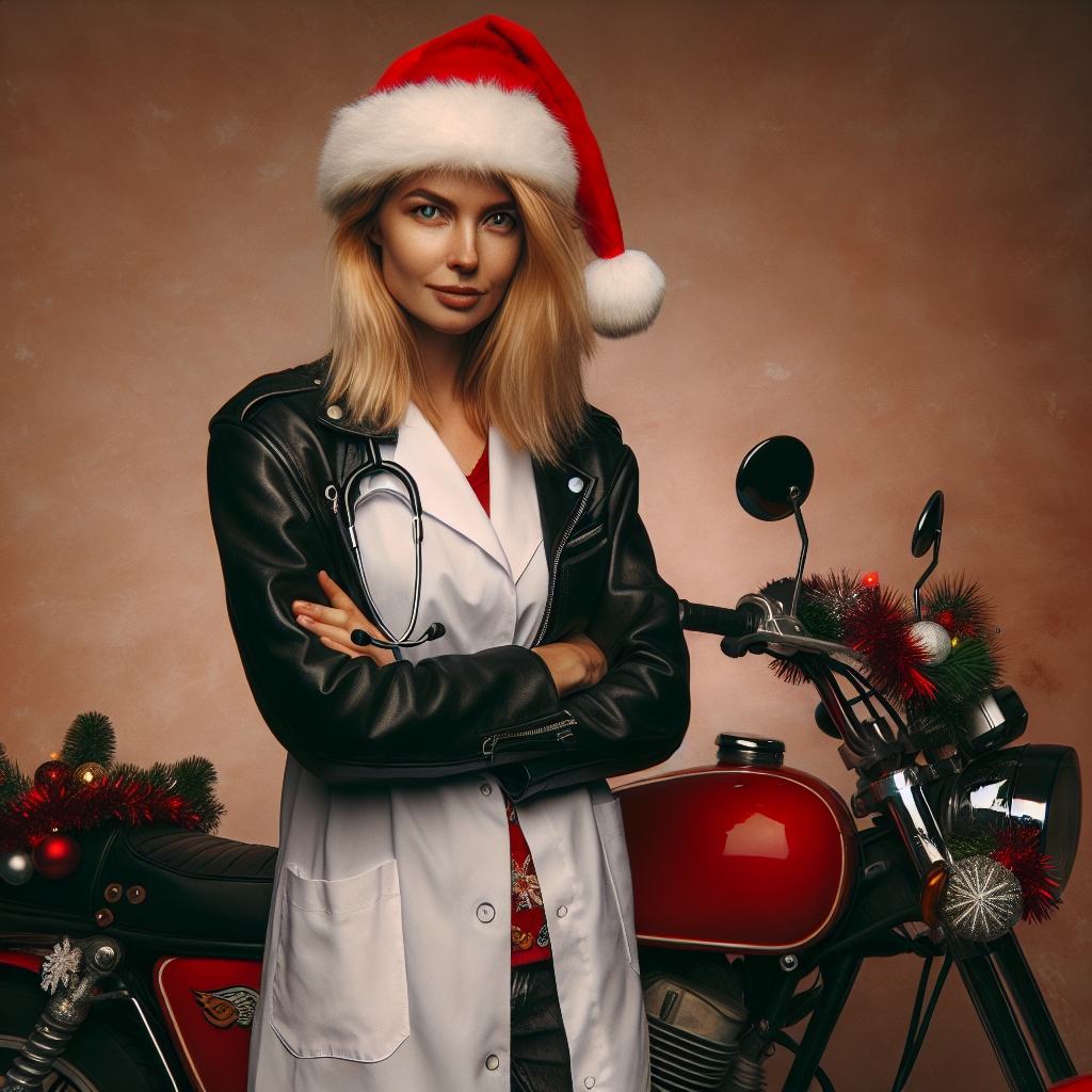 A humorous scene unfolds where a blonde lady, who is unmistakably a biker and a doctor, bridges her two worlds during the holidays. She sports a pristine white doctor's coat over her rugged black leather jacket, clearly ready for any emergency, be it on the road or in the ER. Atop her head sits a festive Santa Claus hat, adding a cheerful twist to her tough appearance. Parked beside her is her iconic red Harley Davidson, decked out with tinsel and Christmas lights. In bold, error-free lettering, the message 'Merry Christmas and Happy New Year' is prominently displayed, ensuring the festive greeting is the centerpiece of the scene.
Generated with these themes: Blond Lady Biker doctor in white coat and black leather jacket with Santa Claus hat and red Harley Davidson.
Made with ❤️ by AI.